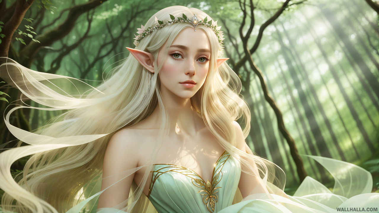 Explore an enchanting collection of ethereal and elegant AI-generated fantasy elf wallpapers. Discover magical, otherworldly, royal, and regal images featuring delicate features, pointed ears, long hair, and flowing gowns.