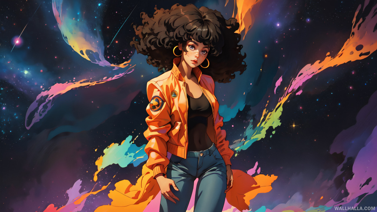 Discover the perfect wallpaper with this full body, dynamic angle, walking-in-abstract-dimension girl featuring black skin, freckles & beautiful eyes. Explore soul dance in a night sky filled with stars, rainbows, and shooting stars, only at Wallhalla.