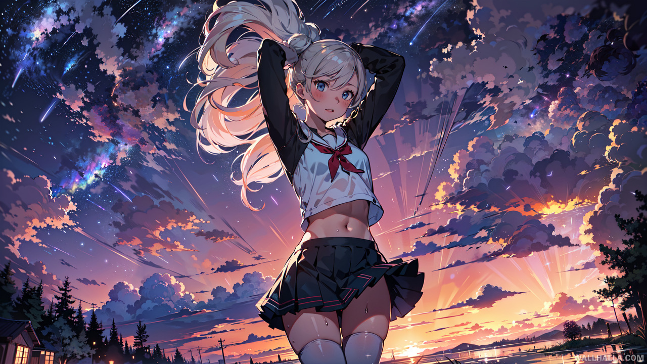 Discover a perfect anime illustration of Ann Takamaki with white hair pigtails, wearing a wet crop top and mini skirt during a sunset with a scenic starry sky and reflective water on Wallhalla.