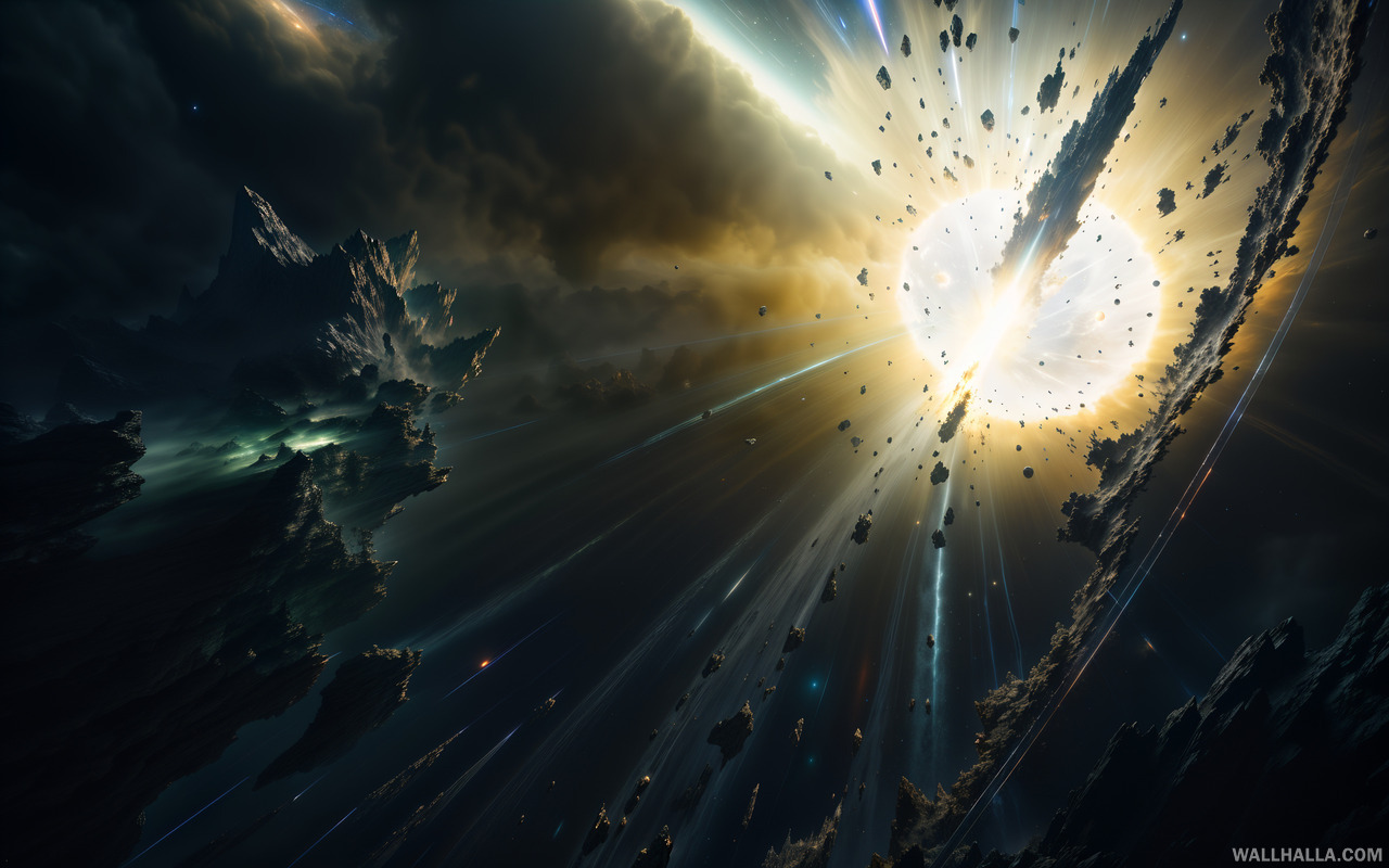 Experience the breathtaking, high-quality, photorealistic image of unimaginable cosmic energy ripping apart on the sun's surface. This masterpiece, showcases intricate details, high focus, volumetric light effect, and a dramatic atmosphere. It's a perfect mingling of chaos, action, and dreamlike visuals, a digitally crafted explosion of cosmic proportions filled with grim and dark Sci-fi fantasy feel. Perfect for fans of HP Lovecraft, photorealism, and sci-fi enthusiasts.
