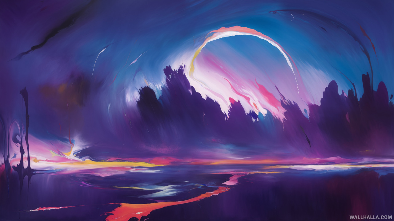 Discover the vibrant and dynamic Abstract River on a Cloudy Sunset wallpaper at Wallhalla, featuring a colorful blend of paint and ink reminiscent of expressionist and impressionist art. Download now for your desktop or mobile device.