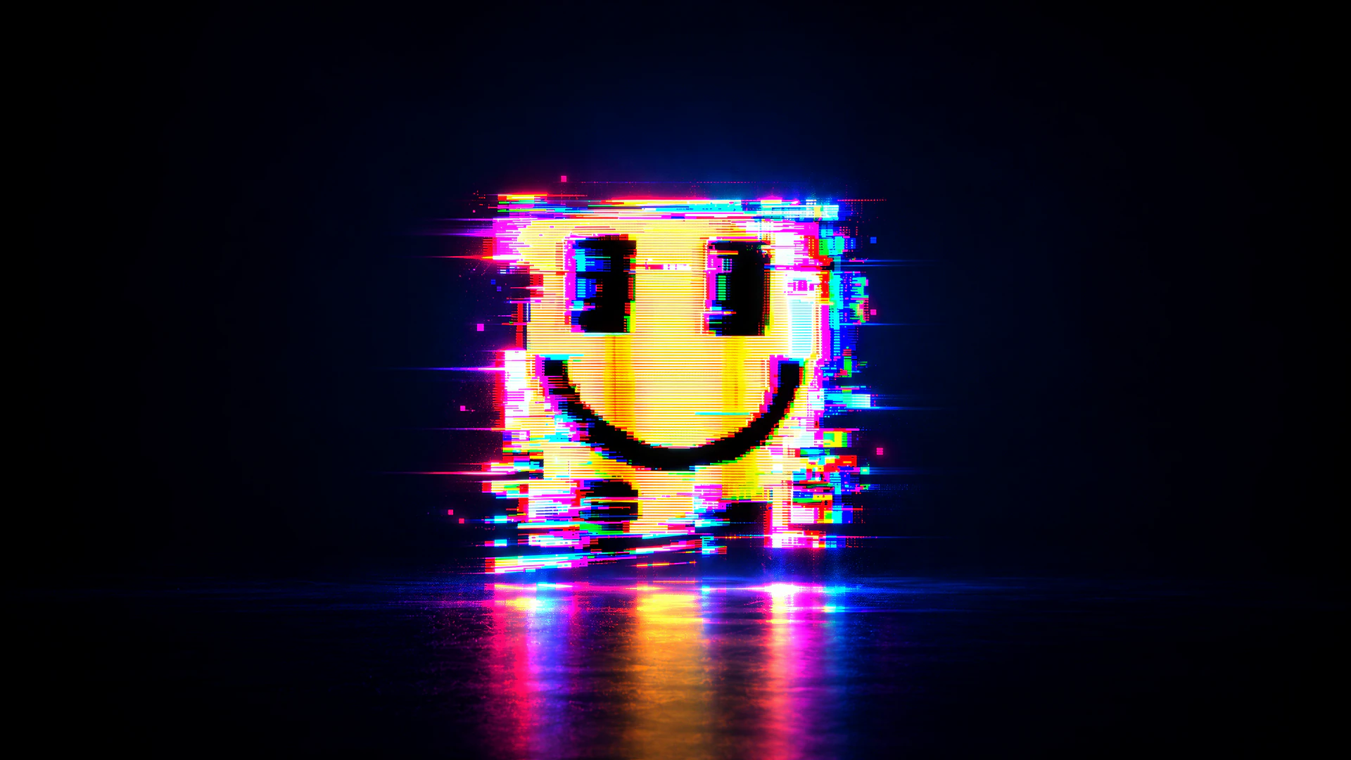 A glitchy pixel smiley flickers through neon VHS distortion in a dark retro void. Electric RGB trails and reflective light create an eerie 90s analog-horror…