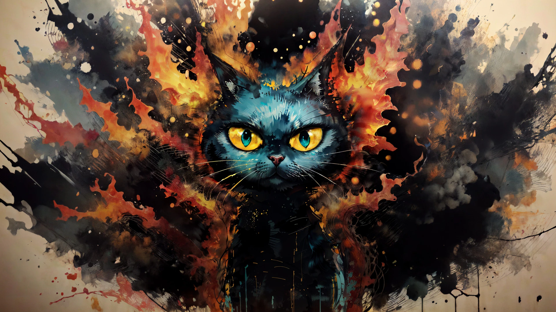 A striking ink-splashed cat with piercing yellow eyes emerges from swirling flames and chaotic watercolor smoke in this bold neo-expressionist artwork.