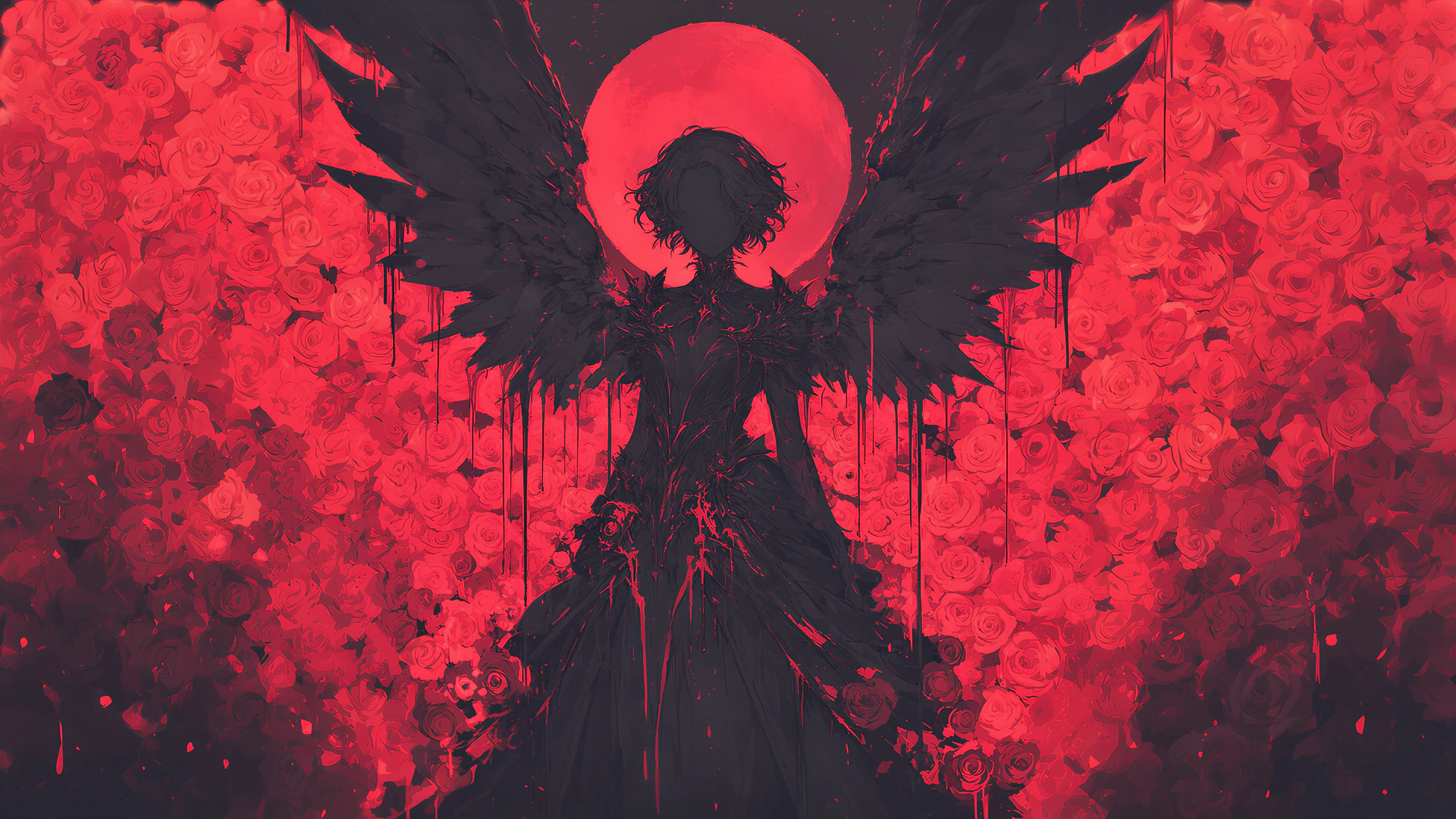 A gothic angel stands silhouetted against a burning crimson sun, framed by roses and dripping petals in a dramatic colored-pencil style illustration.