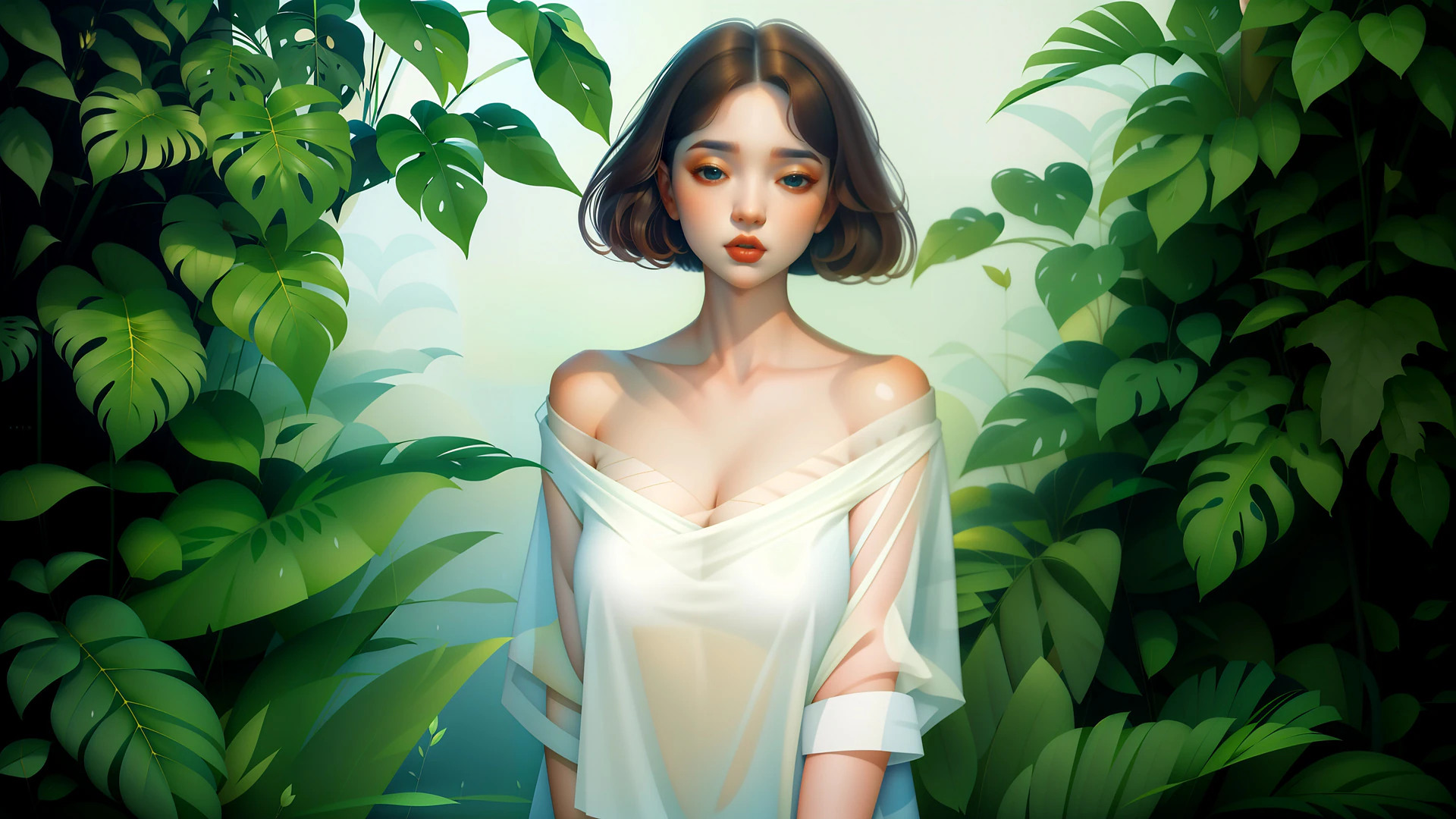 A soft-featured girl with tousled brunette waves stands amid oversized monstera leaves, wrapped in a flowing white top for a dreamy botanical portrait.