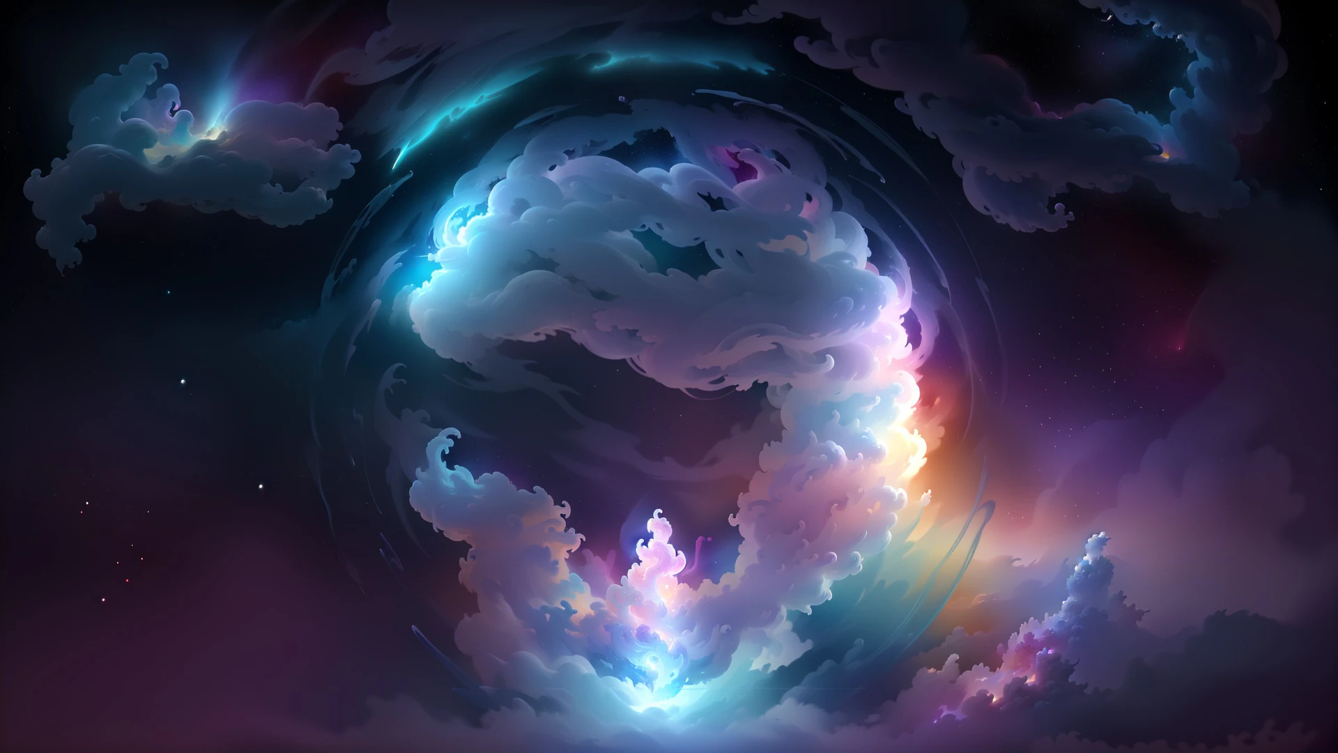 A swirling ring of luminous clouds glows against a starry cosmic void, blending soft pastel light with deep space mystery in this dreamy digital artwork.