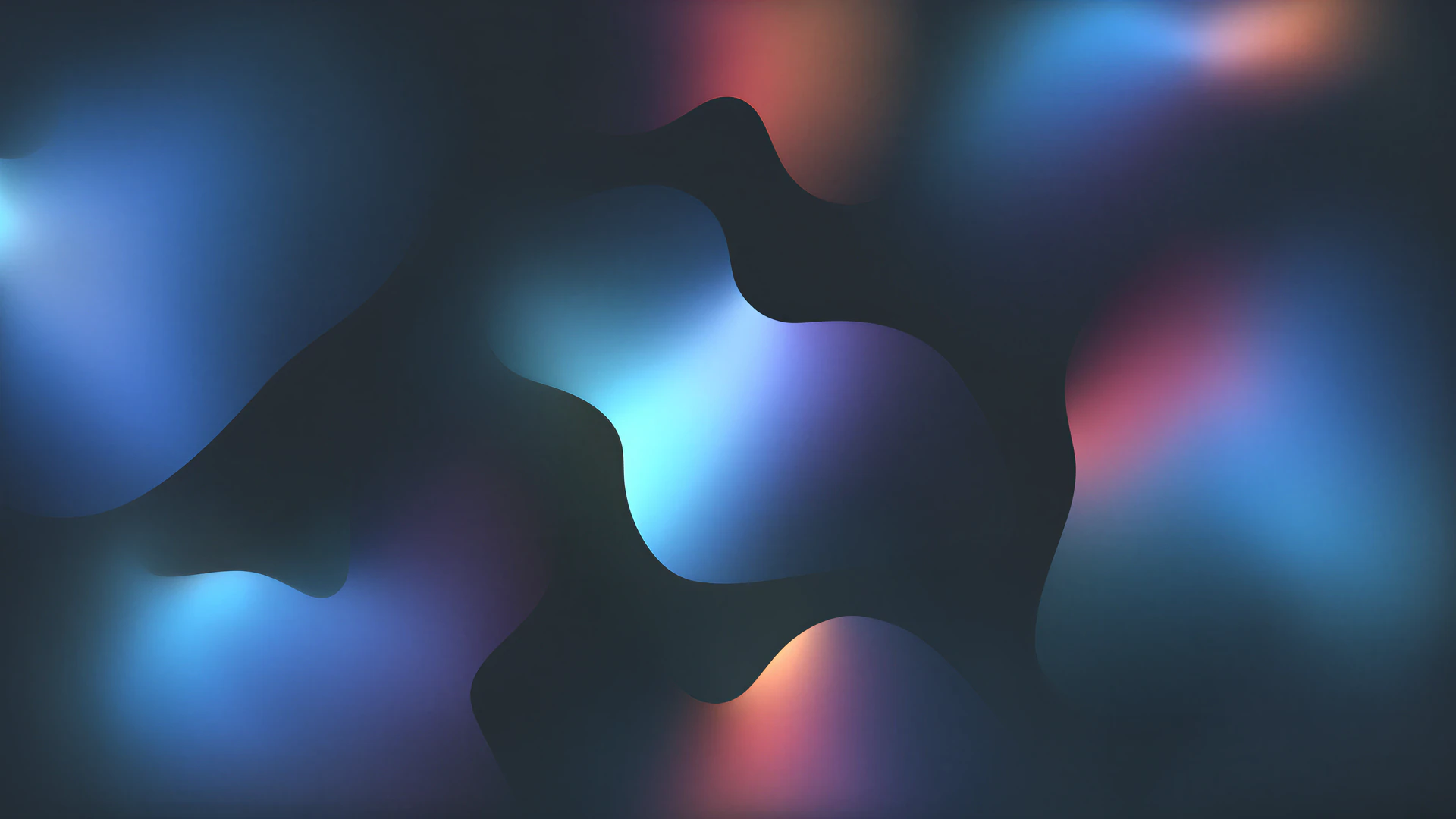 Organic dark shapes drift through silky blue, violet, cyan, and coral gradients. A moody abstract wallpaper with a dreamy, atmospheric glow.
