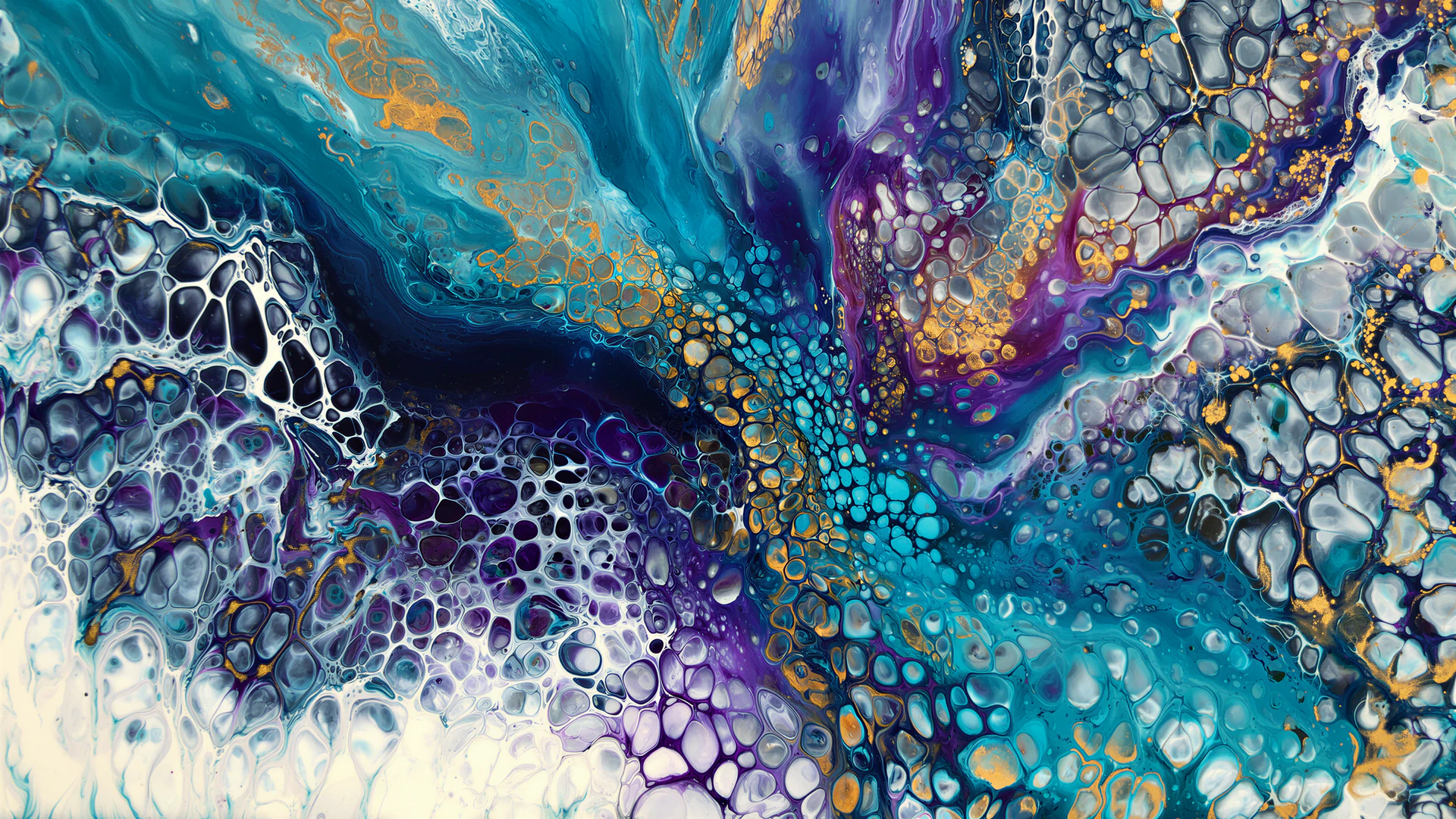 Photorealistic acrylic pour art swirls turquoise, indigo, violet, and gold into intricate cellular patterns. A vivid abstract wallpaper with fluid motion and…