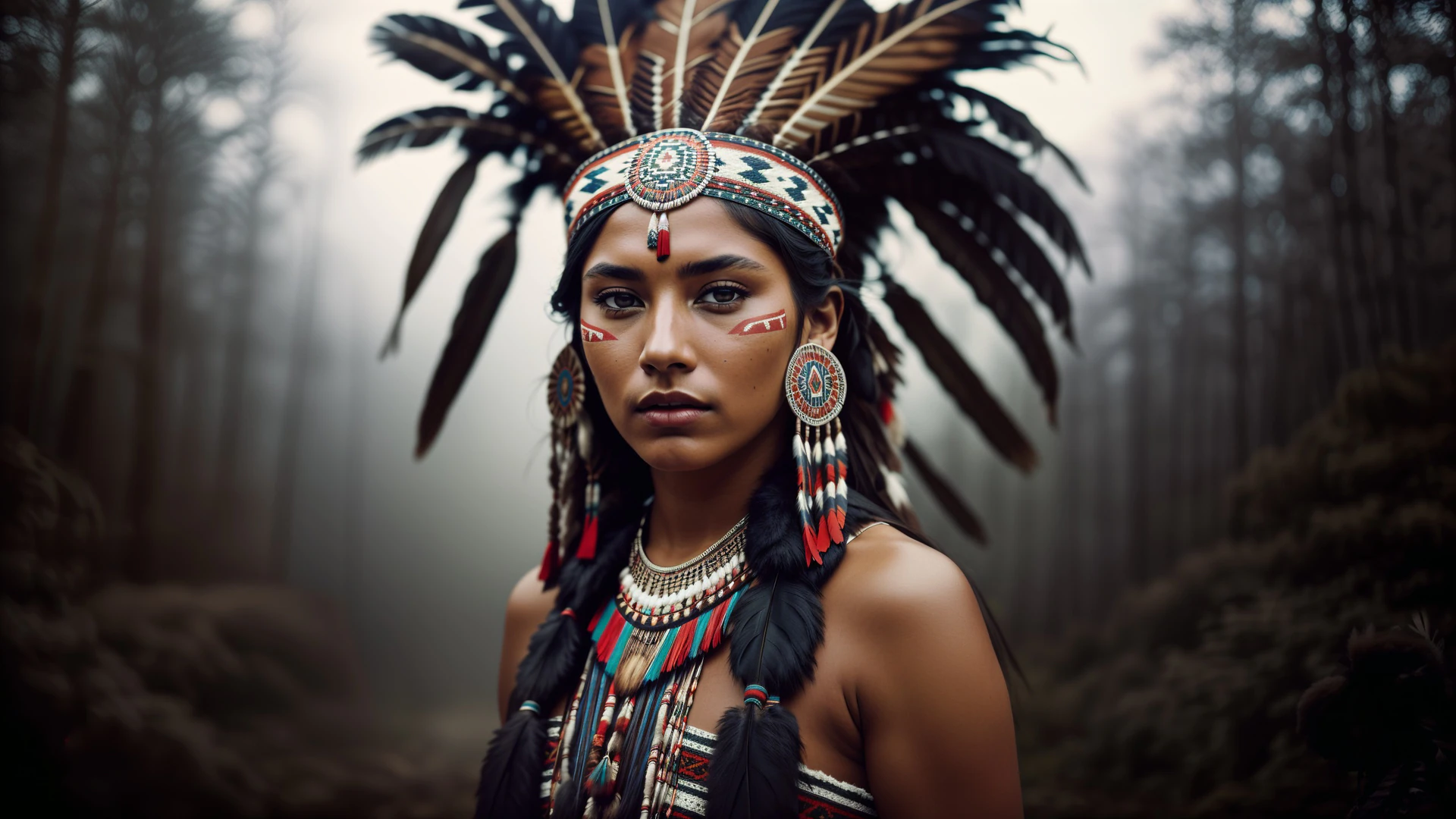 A striking portrait of a Native American woman adorned in a feathered headdress and tribal jewelry, standing amid a misty forest with cinematic, moody lighting.