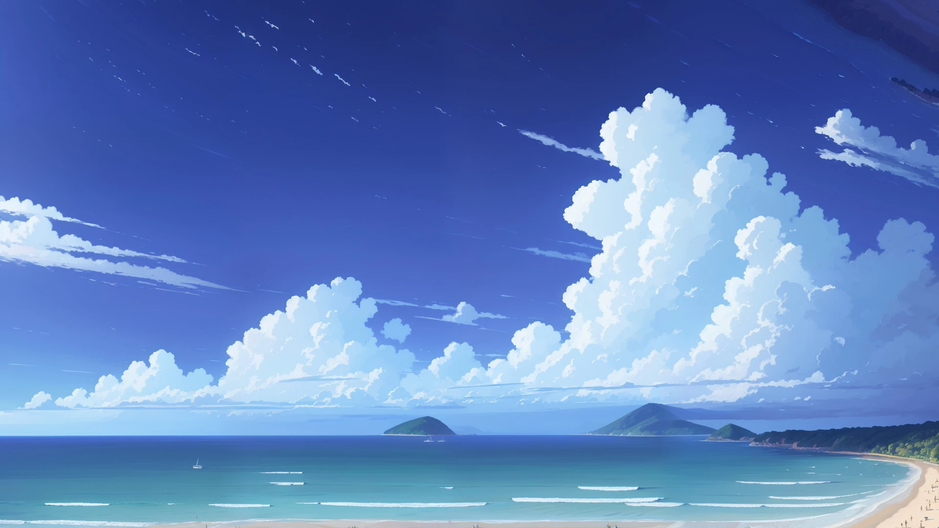 A dreamy anime-style seascape with towering clouds, turquoise waves, and distant islands—pure coastal serenity in painted form.