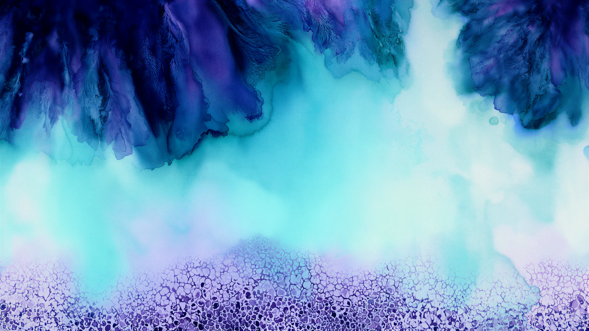 A luminous abstract watercolor wallpaper blending deep indigo and violet washes with a glowing aqua center and richly textured purple details below.