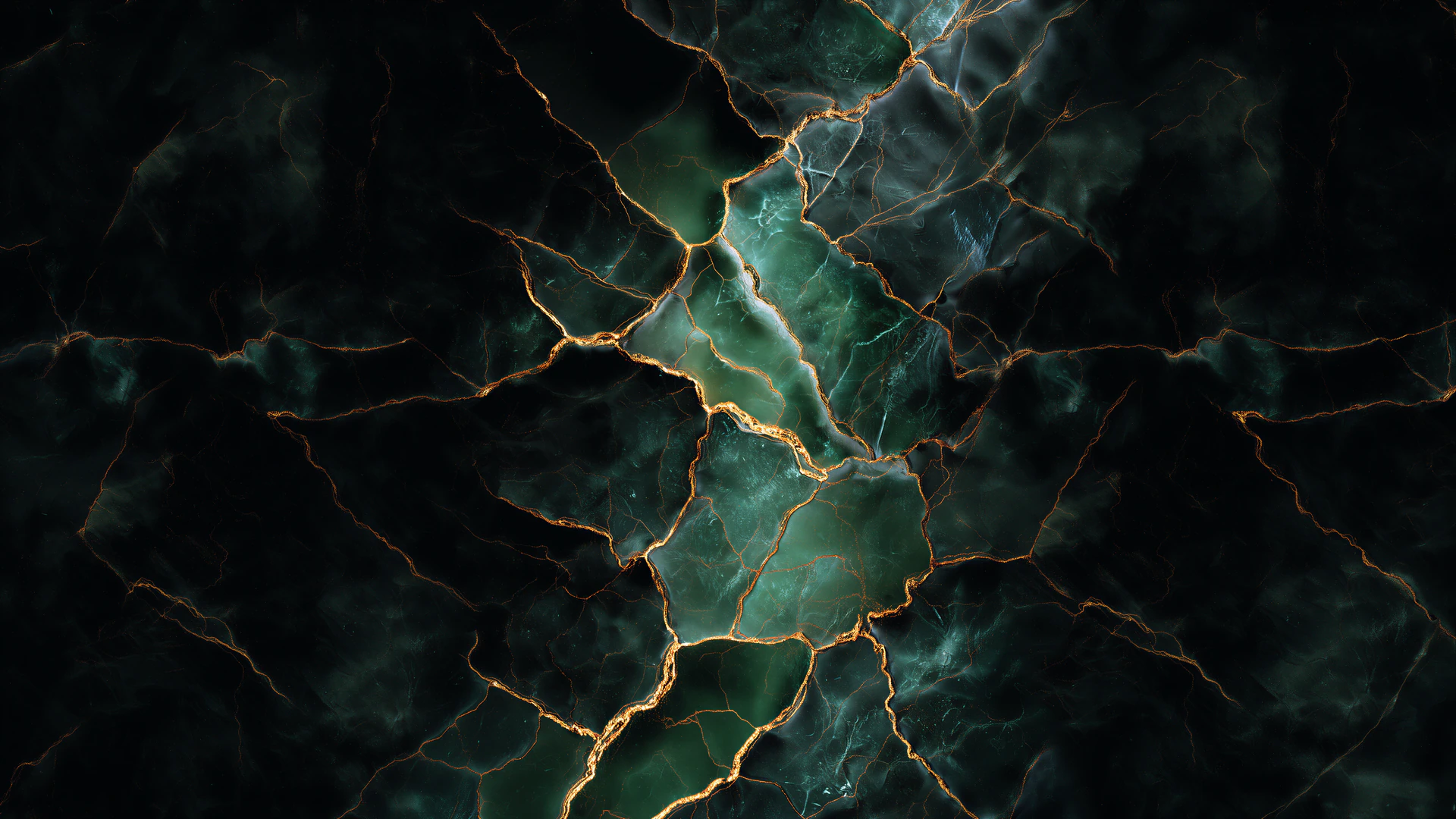 A dramatic dark green marble texture split by luminous gold veins. Rich emerald tones and deep shadows create a luxurious, moody abstract wallpaper.
