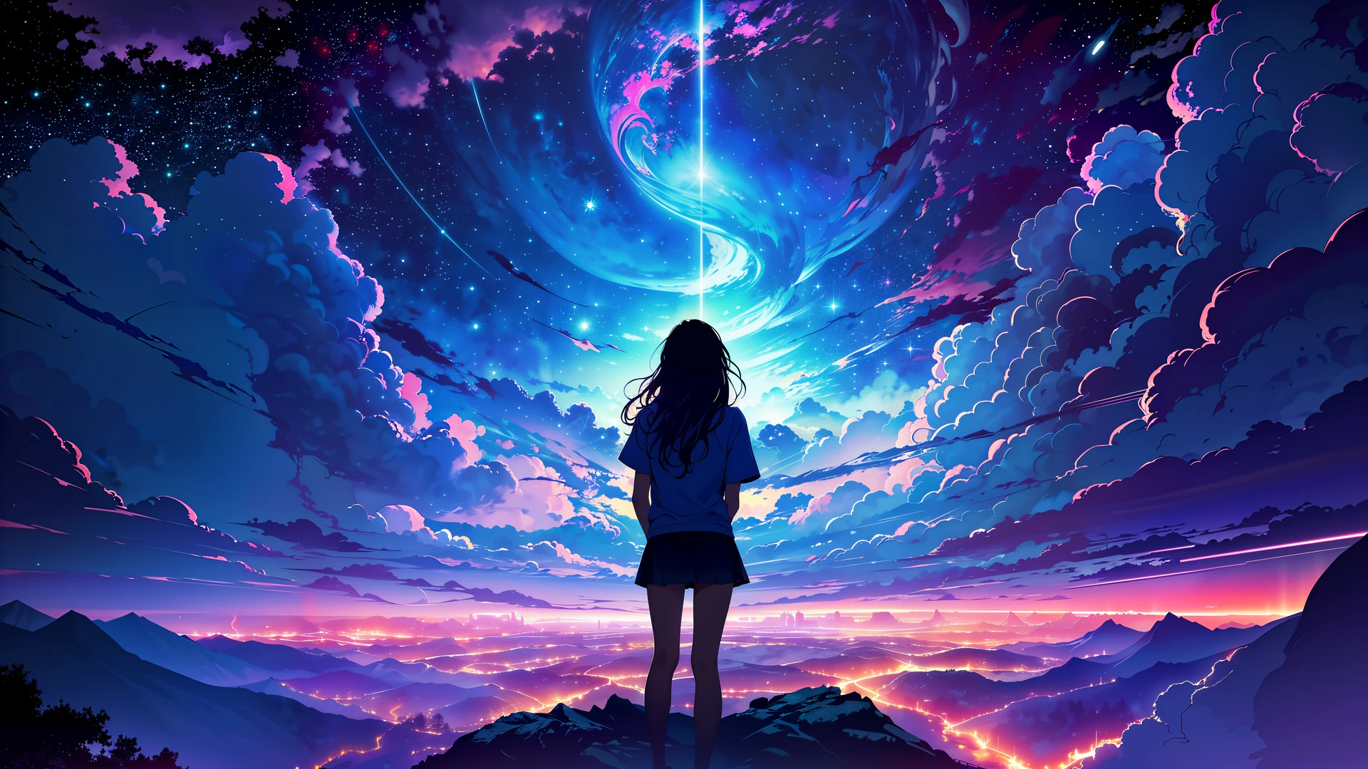 A girl stands silhouetted against a breathtaking cosmic landscape, where swirling neon clouds and a brilliant celestial light pierce through the starry night…