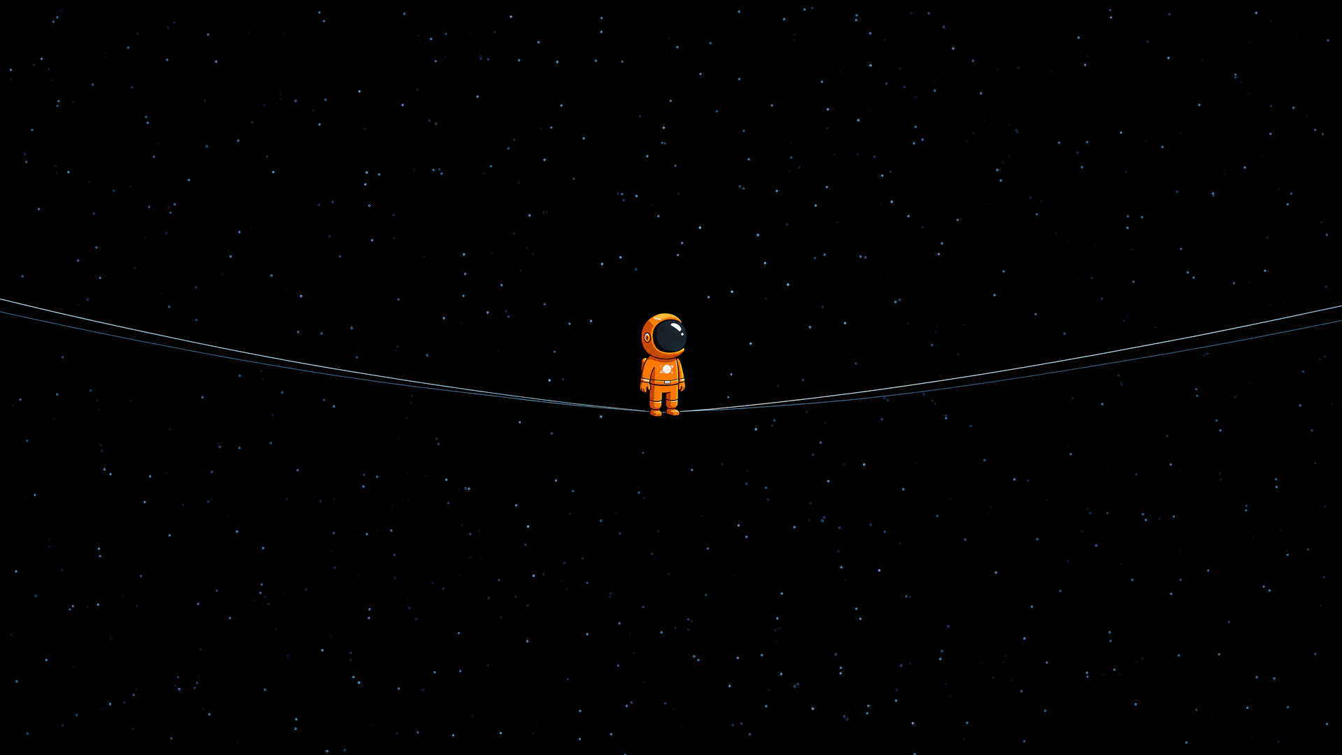 A tiny orange astronaut balances on a curved space line beneath a deep black, star-speckled sky. Minimal, playful, and perfectly suited for a cosmic wallpaper.