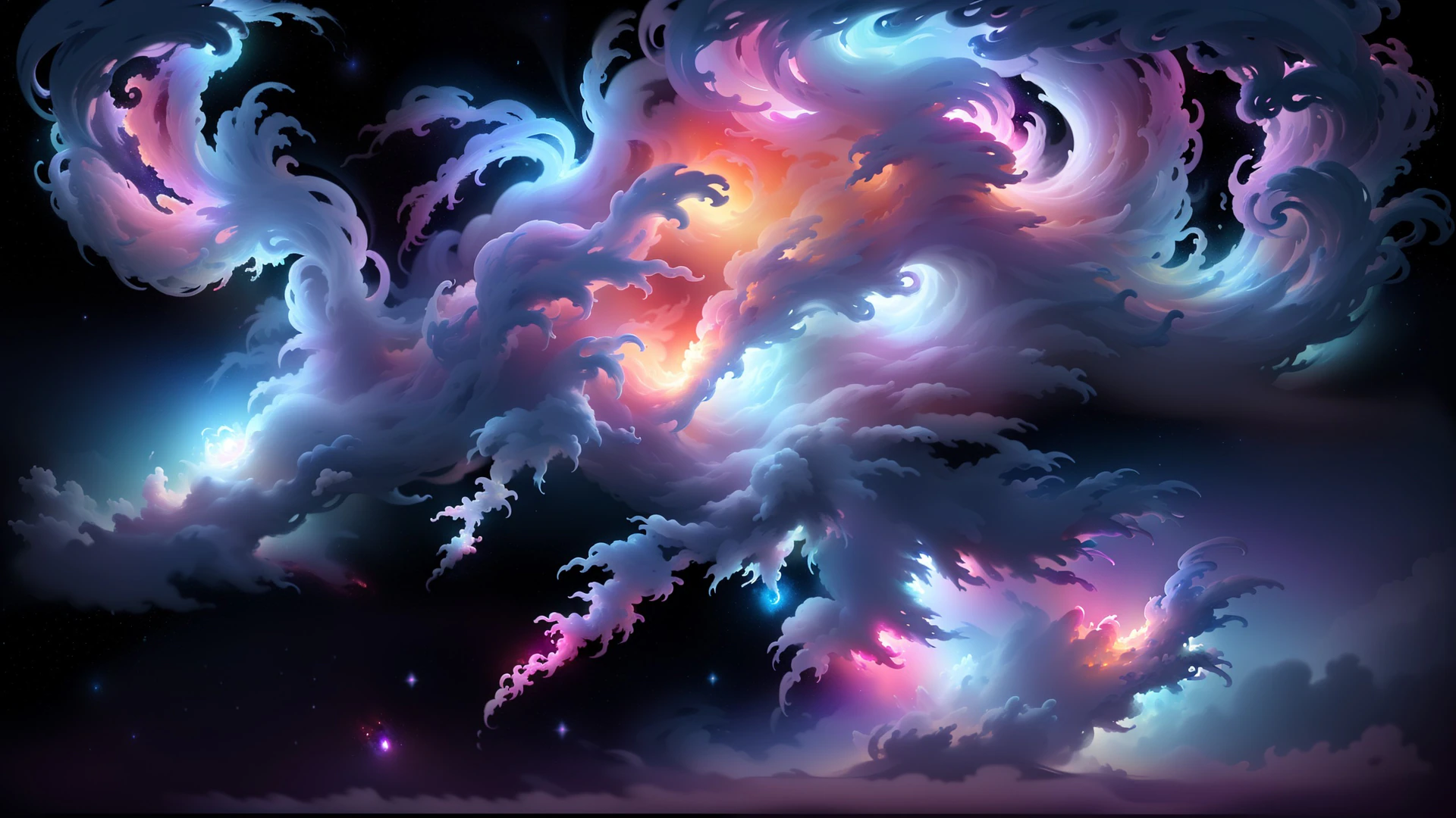 Swirling cosmic clouds burst with vivid pink, orange and blue light against a starry void—an abstract nebula illustration perfect for dreamy desktop wallpapers.