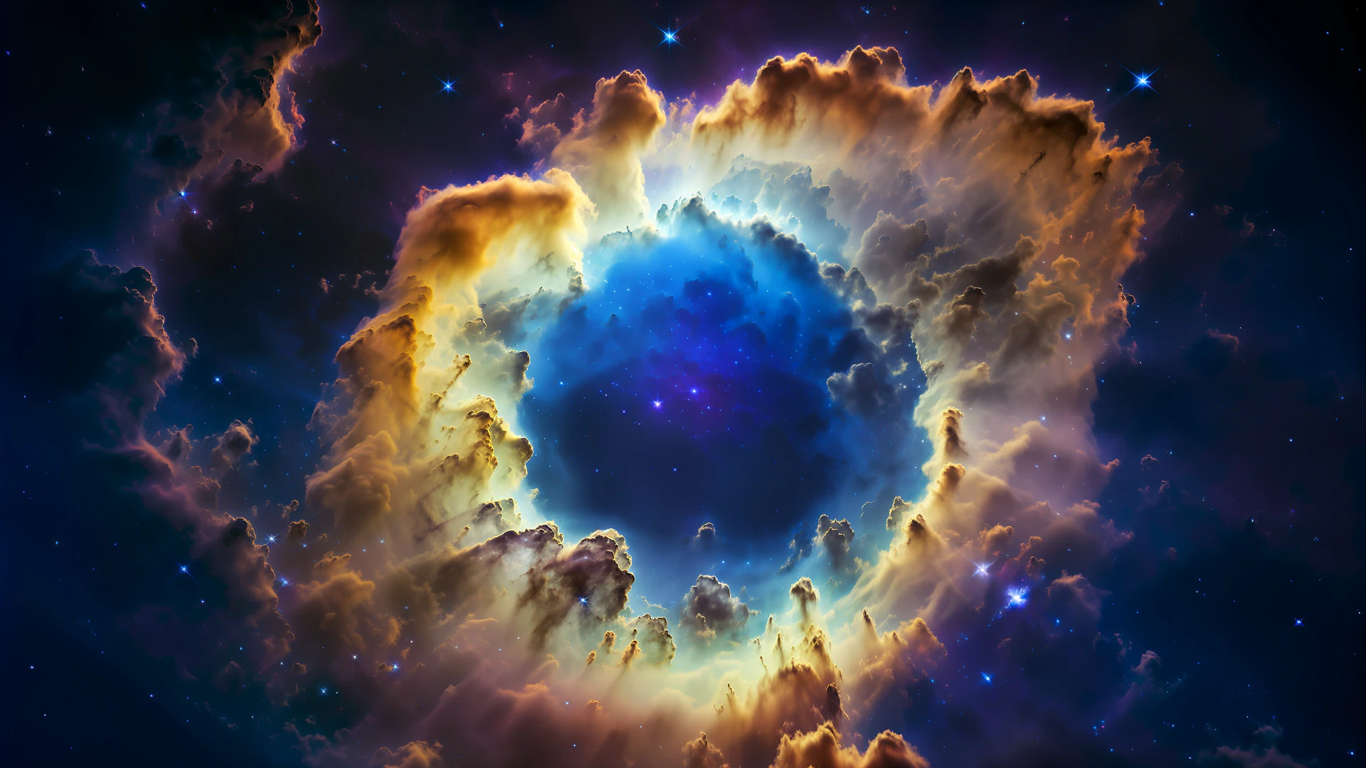 A breathtaking deep space nebula bursting with golden clouds and electric blue light, surrounded by twinkling stars. Perfect for astronomy enthusiasts and co…