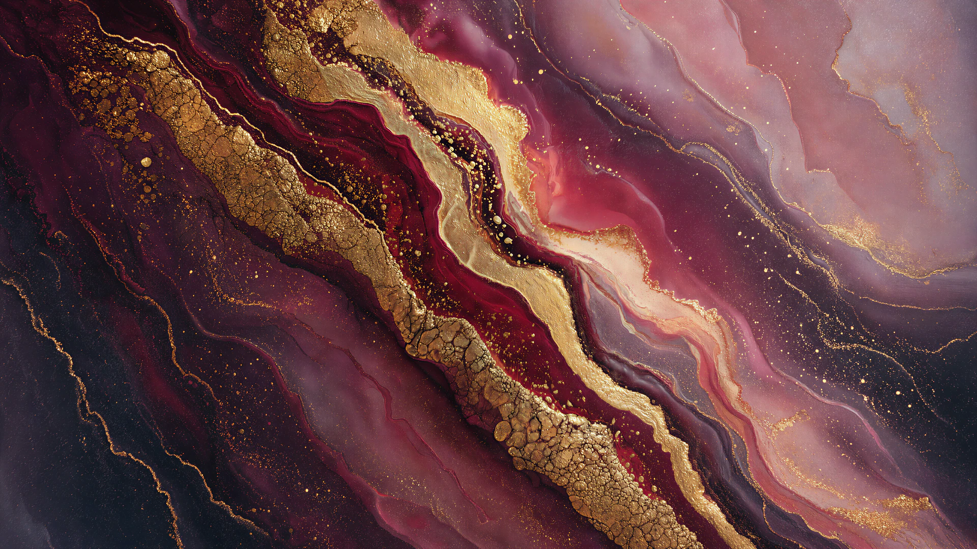 A dramatic abstract river of molten gold winds through wine-red marble and smoky plum tones. Rich metallic textures bring luxurious, artistic energy to any s…