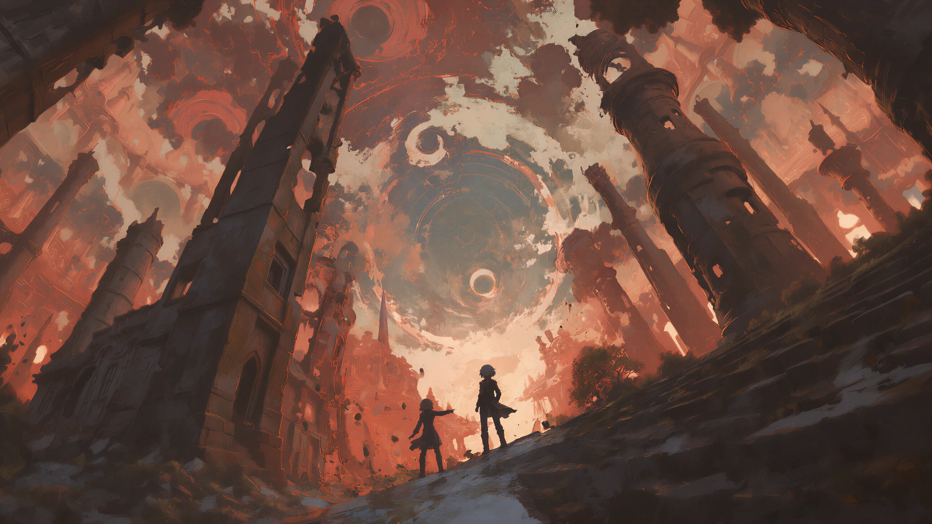Two lone warriors face a vast ruined city beneath a blazing celestial vortex. Dramatic anime fantasy scenery meets painterly oil textures in this epic, apoca…