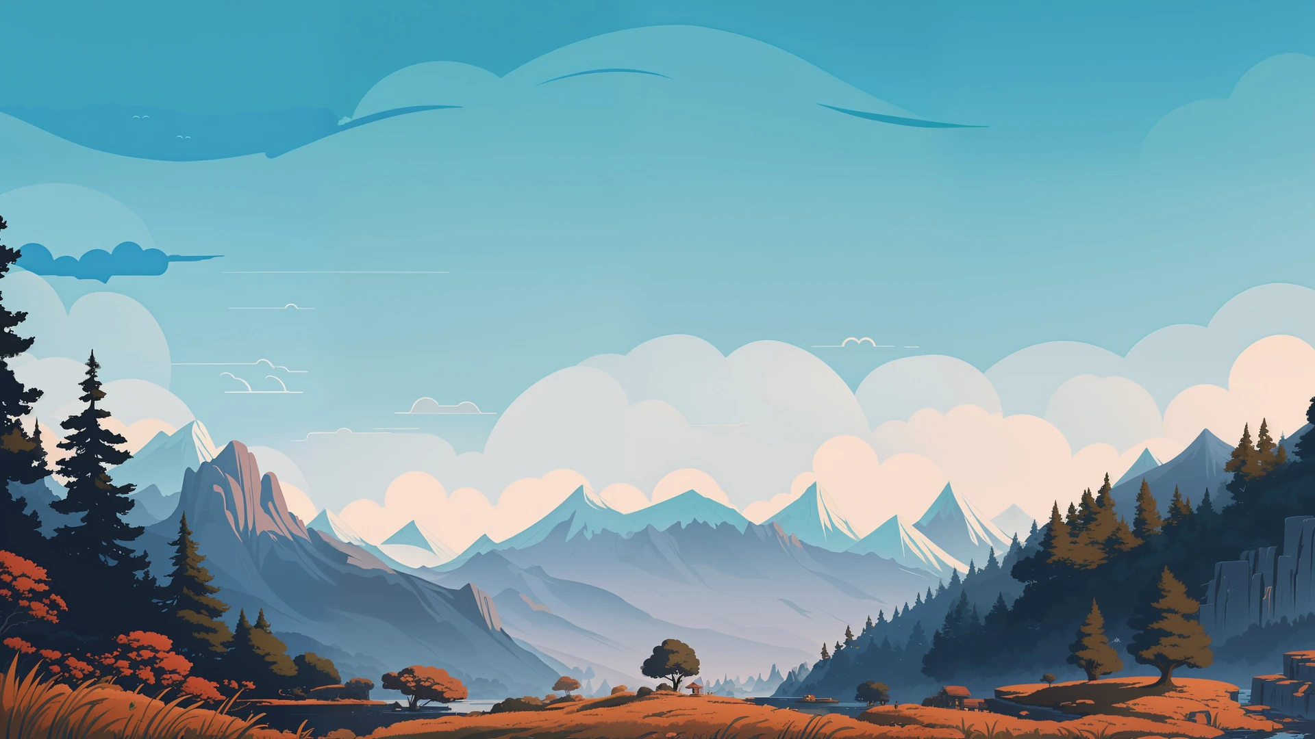 A serene vector illustration of misty mountains and a lone tree amid golden autumn fields, blending soft gradients with crisp, minimalist lines.