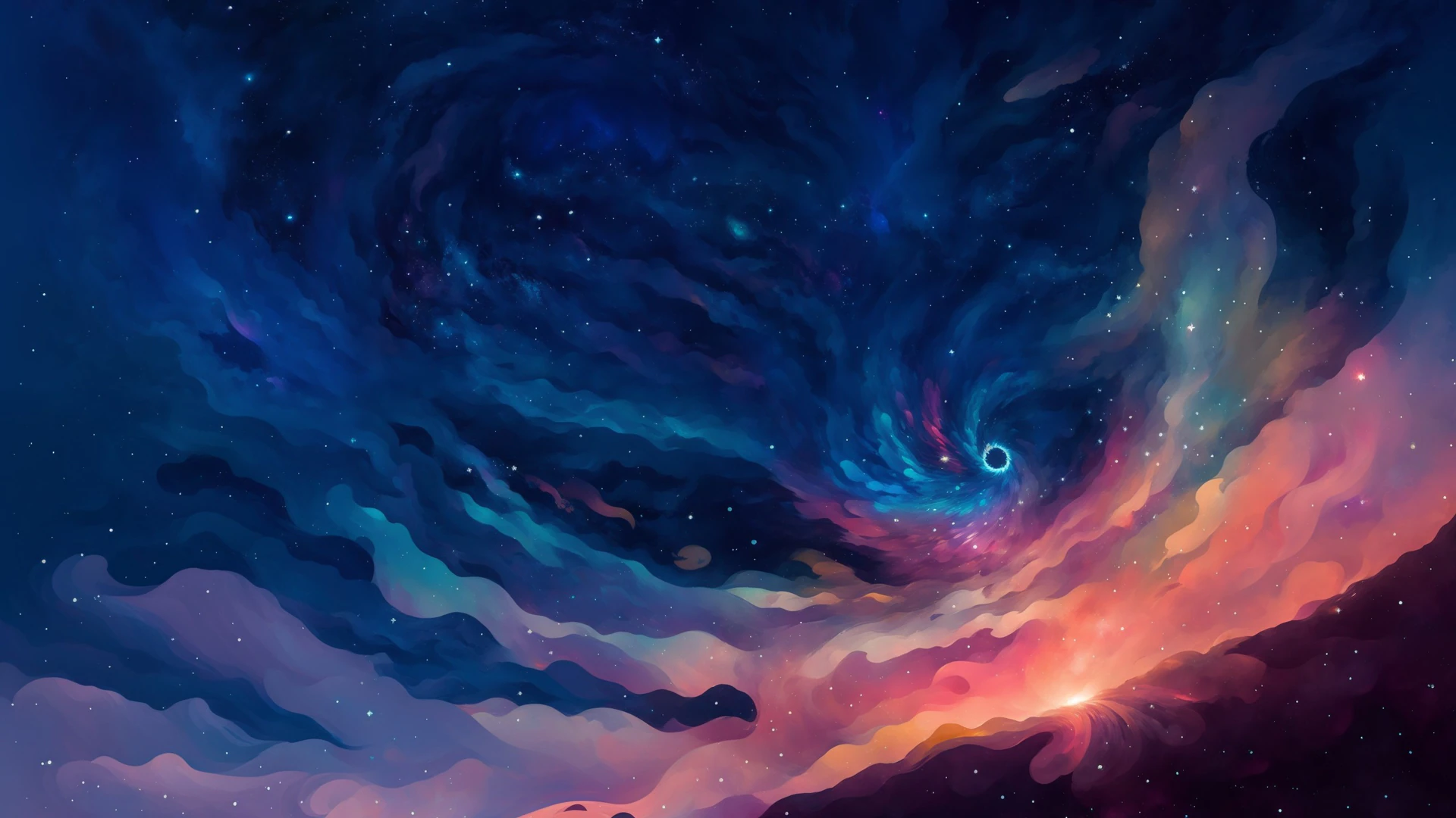 A dreamy swirling galaxy painted in deep blues and warm sunset hues, where a glowing vortex pulls stardust into its endless spiral.