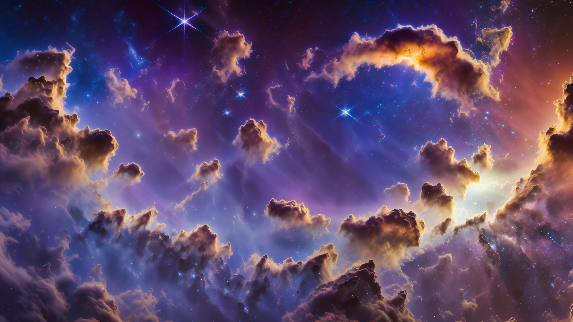 A breathtaking cosmic seascape where golden-lit clouds drift through deep space, framed by brilliant stars and swirling purple nebula light.