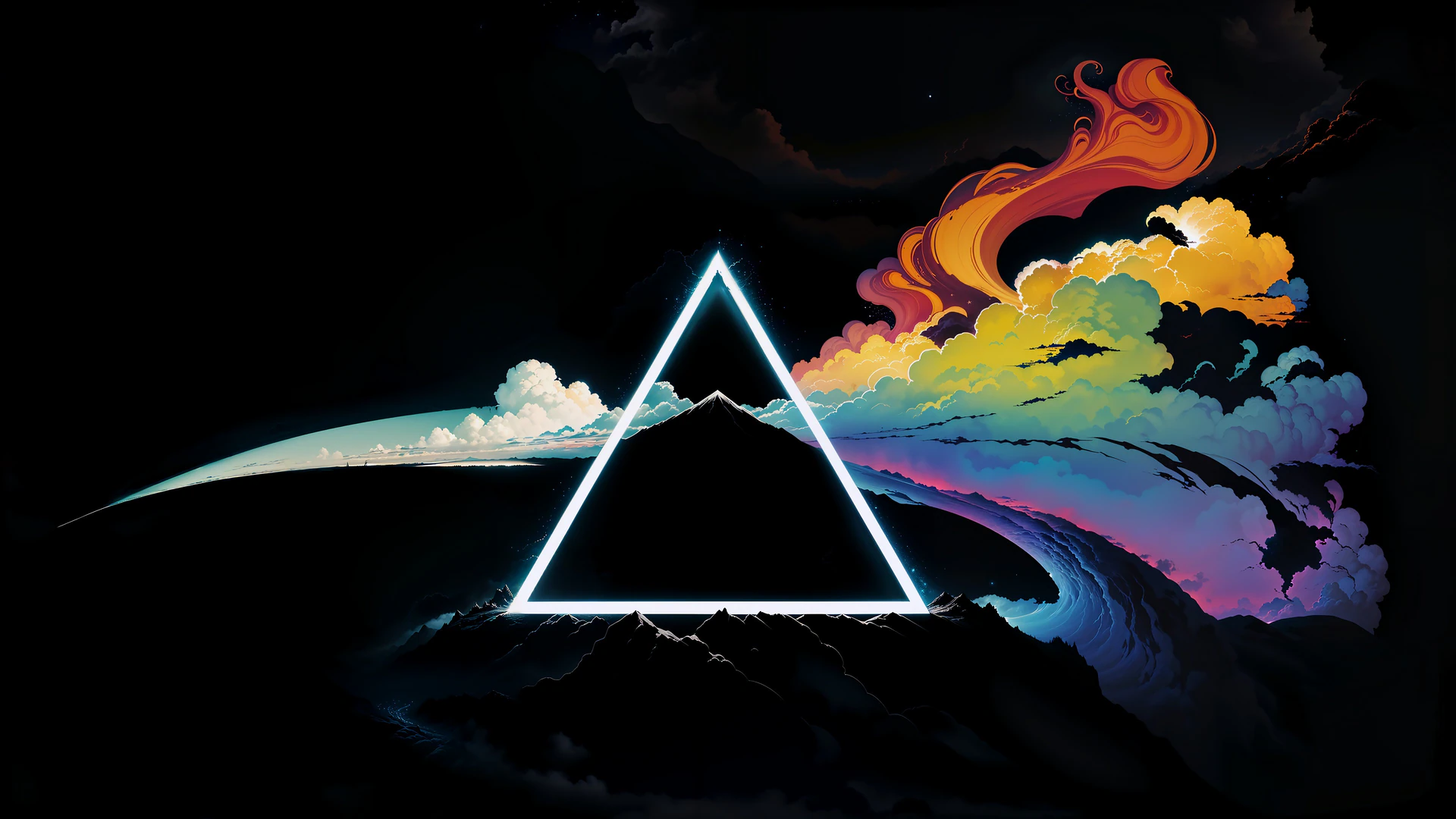 A glowing triangle frames a silhouetted mountain beneath swirling rainbow clouds, blending cosmic mystery with vivid color against pure black.