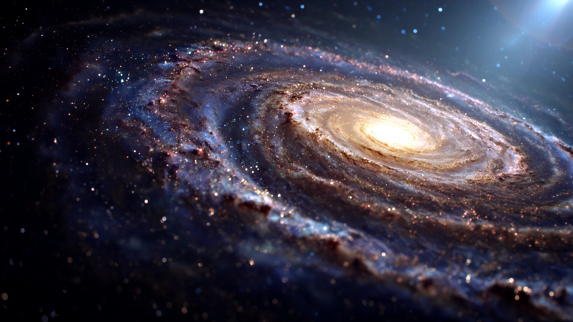 A cinematic spiral galaxy sweeps through deep space, its glowing core and countless stars suggesting humanity’s vast cosmic future and unexplored possibilities.