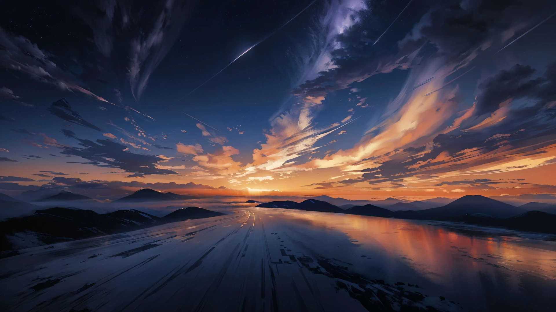 Stunning winter landscape featuring a frozen lake under a dramatic sunset sky. Golden clouds dance above snow-covered mountains in this breathtaking digital…