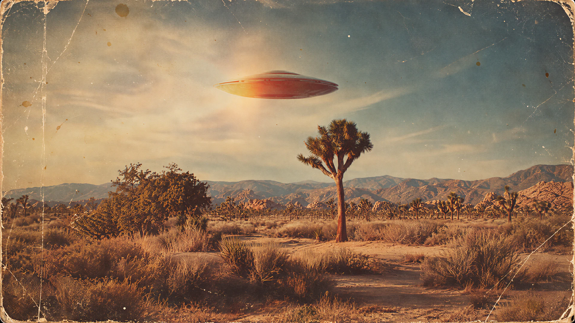 A vintage UFO hovers above Joshua Tree’s rugged desert, framed by warm sunset tones and distant mountains. Distressed Polaroid textures add nostalgic sci-fi…
