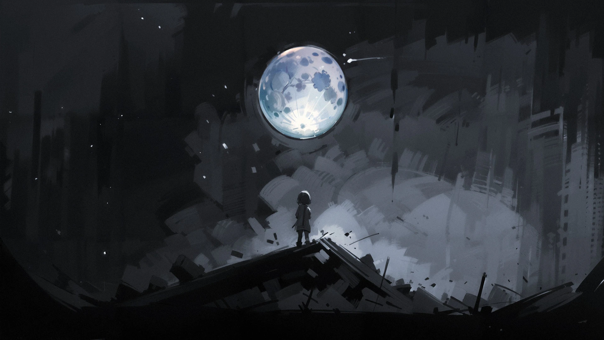A lone child stands atop ruins, gazing at a glowing full moon in this moody monochrome sketch of solitude and wonder.