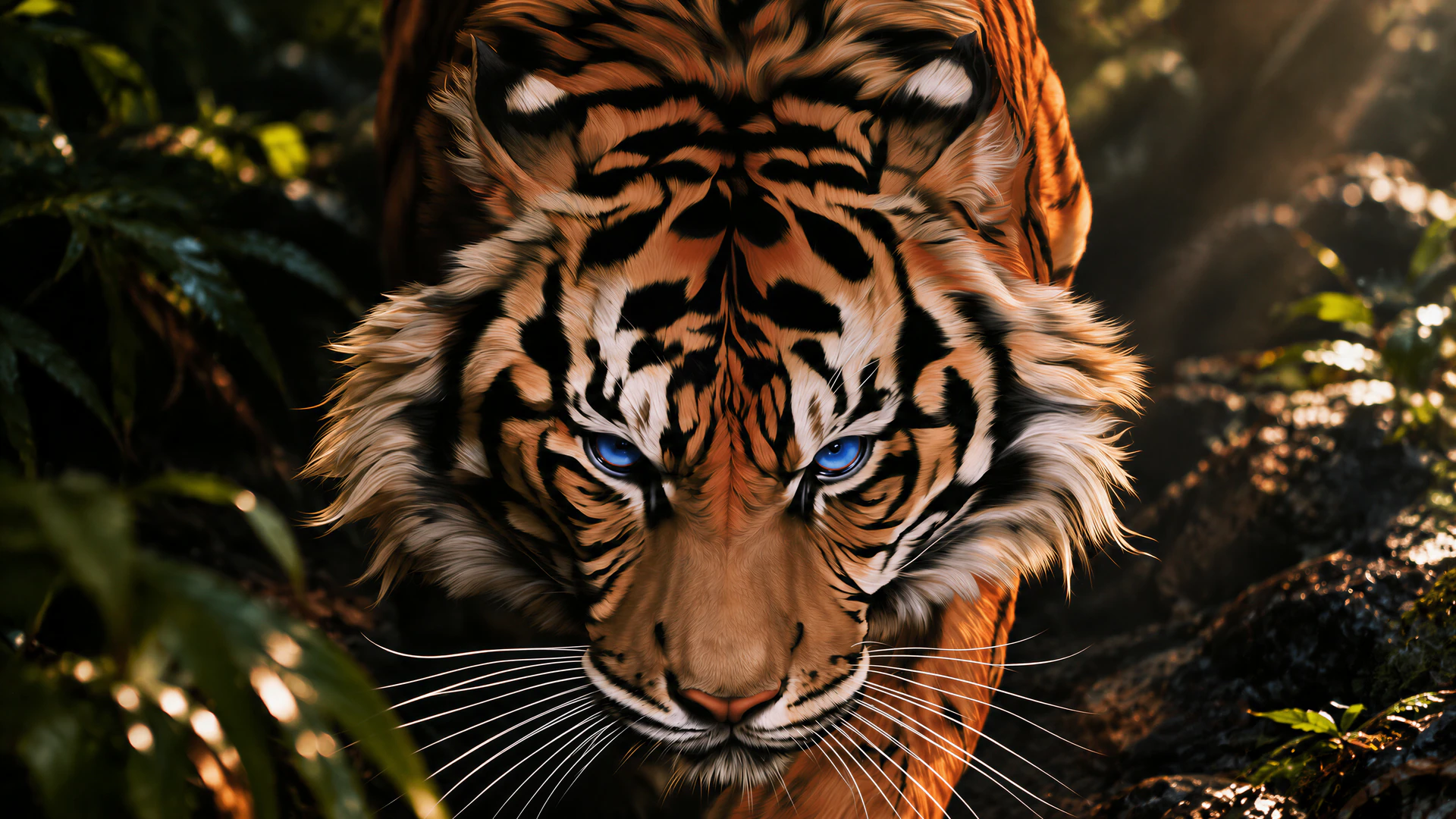 A powerful tiger stares through the rainforest shadows, its vivid blue eyes and fiery stripes glowing beneath dappled jungle light.