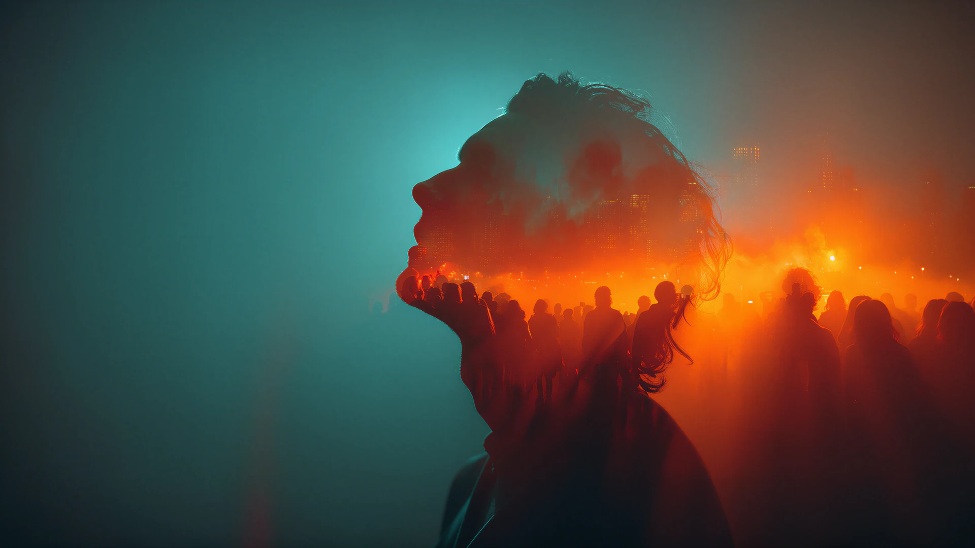 A striking double-exposure portrait captures a musician’s silhouette merging with an electrified concert crowd. Teal shadows and fiery orange stage lights cr…