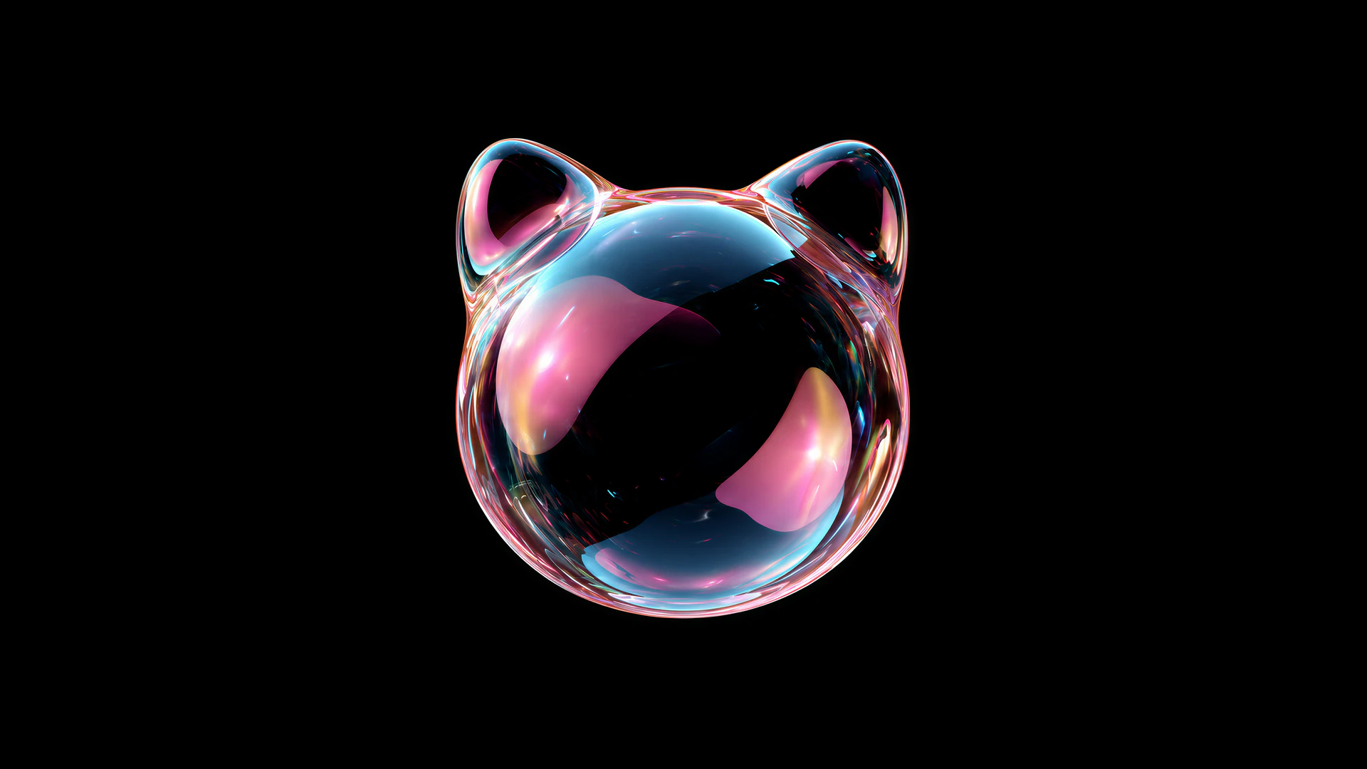 A glossy water bubble shaped like a cat’s head floats against a deep black backdrop. Neon pink, cyan, and violet highlights create a playful futuristic glow.