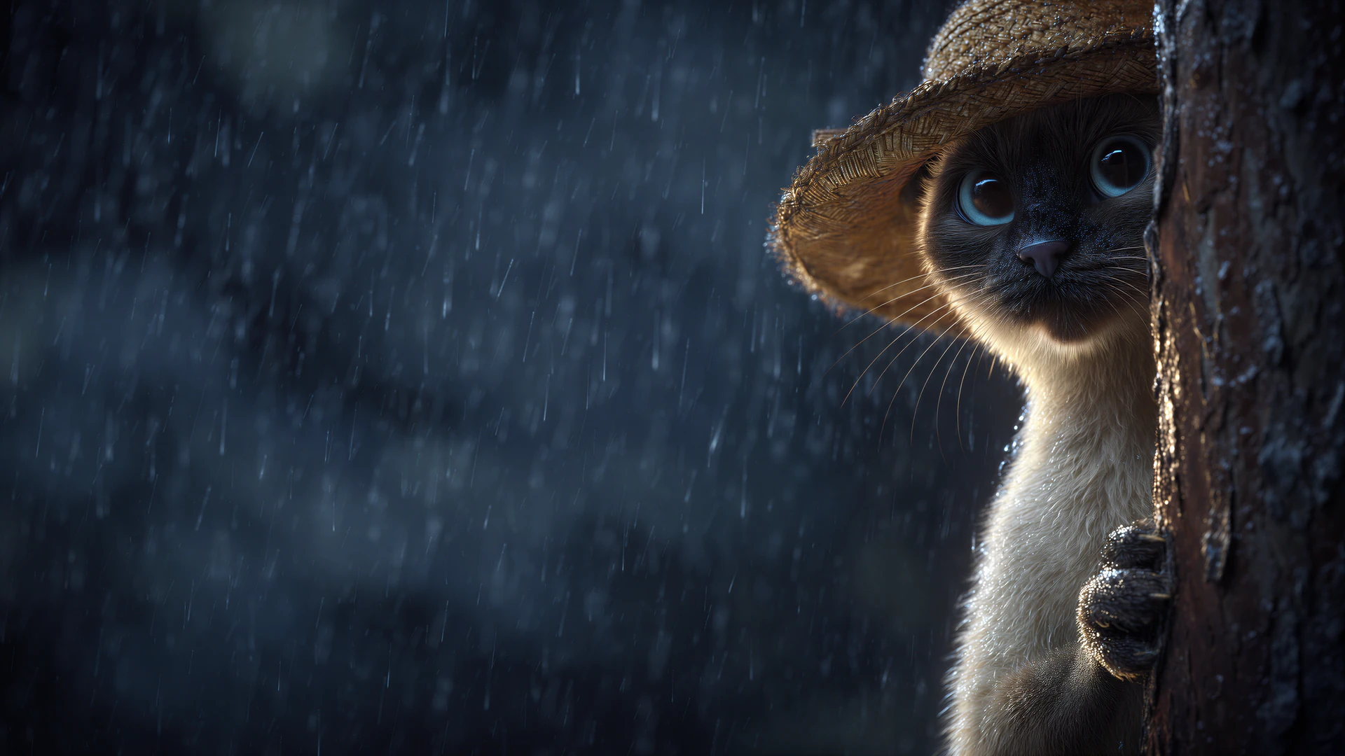 A curious Siamese cat peeks from behind a tree in a pouring midnight storm. Its tiny straw hat and bright eyes create a mysterious, cinematic mood.