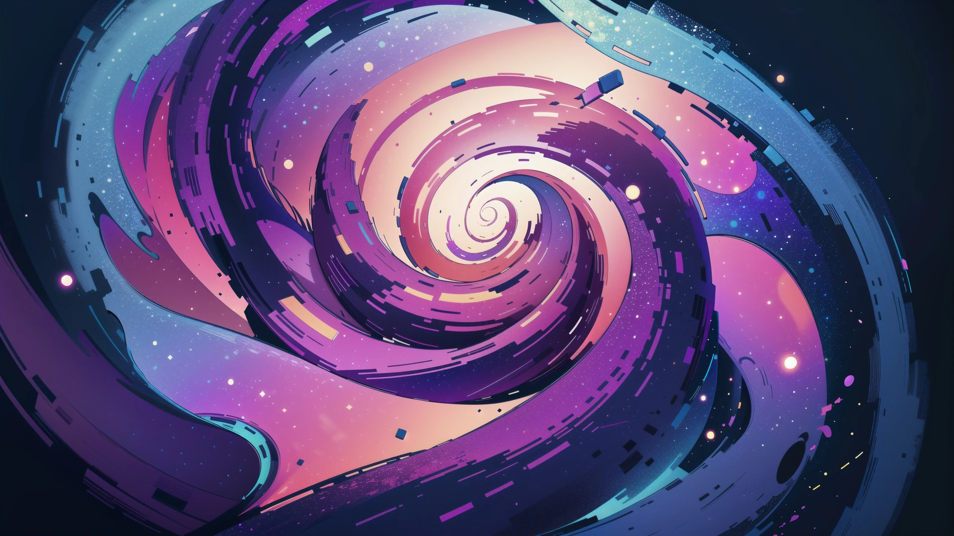 A mesmerizing spiral galaxy swirls through space in bold purple and pink hues, blending clean vector curves with a dreamy cosmic glow.