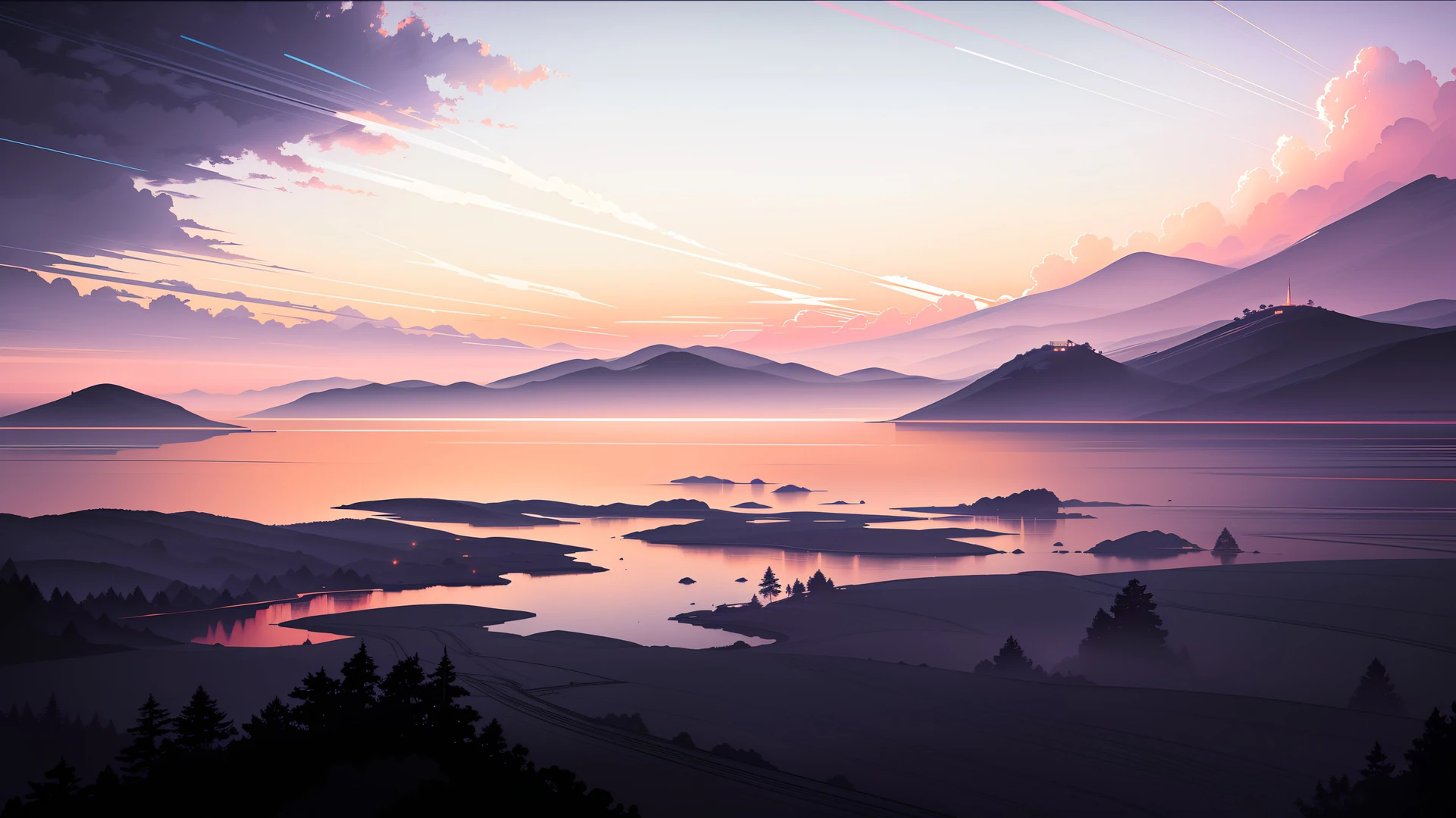 Serene mountain landscape bathed in pink and purple sunset hues. Misty peaks frame a tranquil lake dotted with islands and evergreen forests, creating a peac…