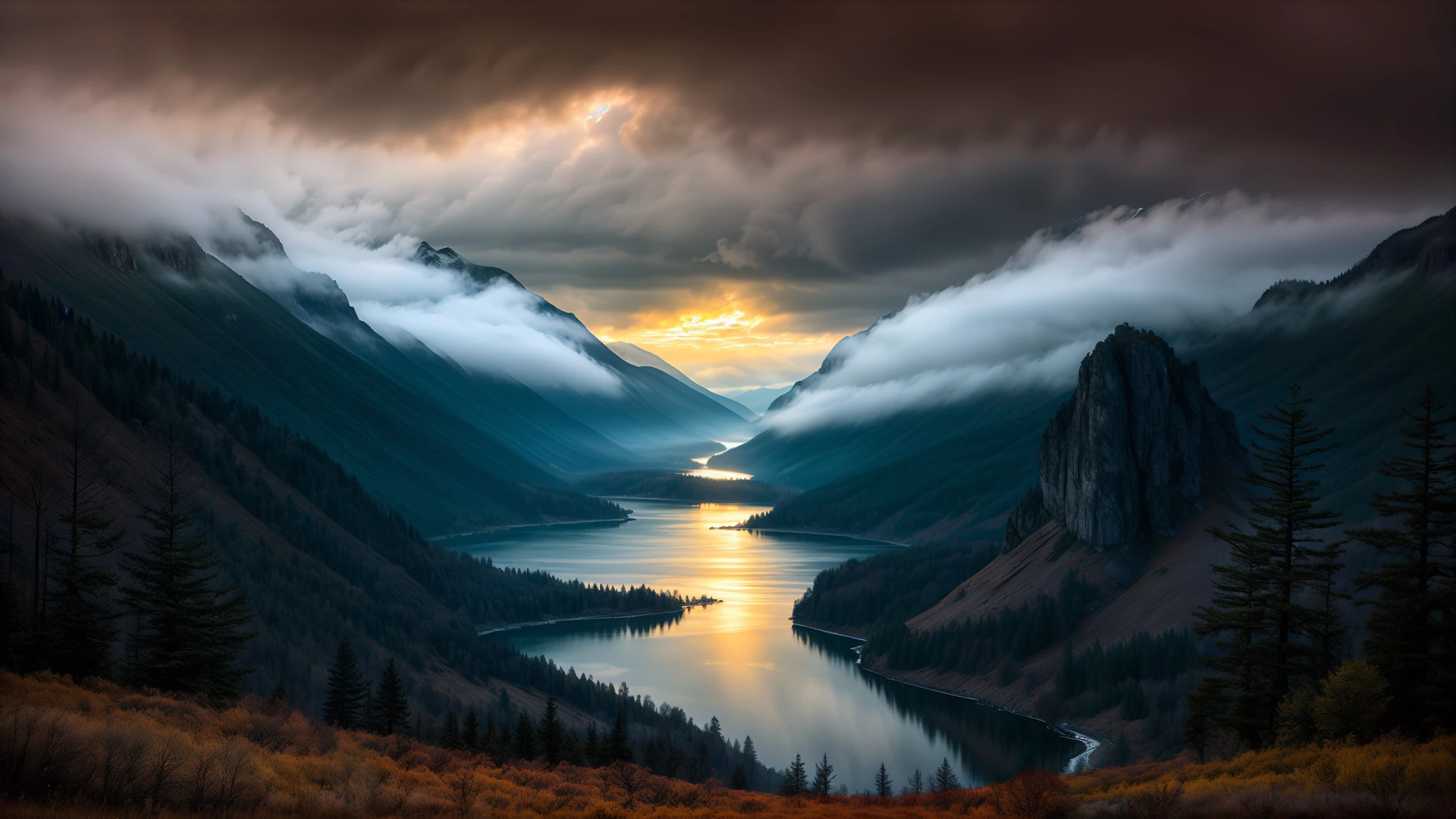 Golden sunrise pierces through dramatic storm clouds over a misty mountain valley, where a serene lake mirrors the glowing sky.