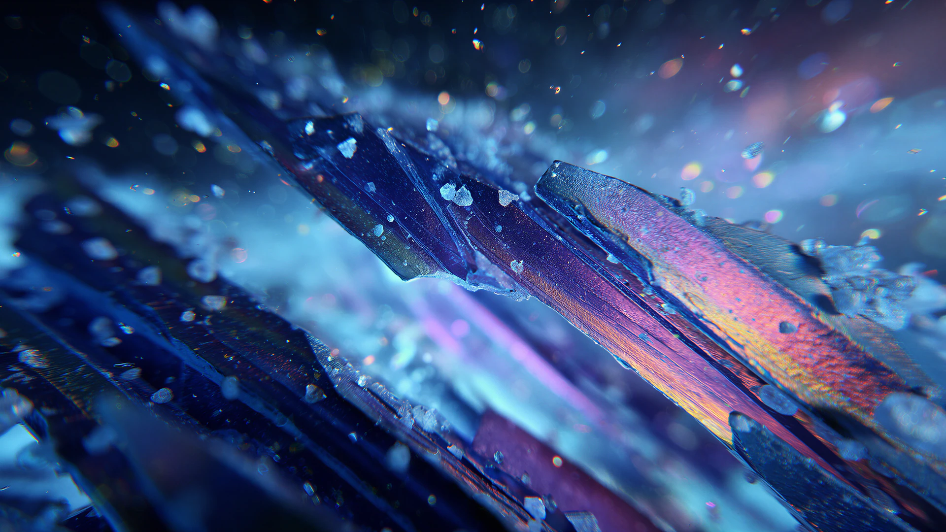 An ultra-macro glass shard glows like interstellar ice, with refractive blue fractures and vivid violet light. A dazzling cosmic abstract for futuristic scre…