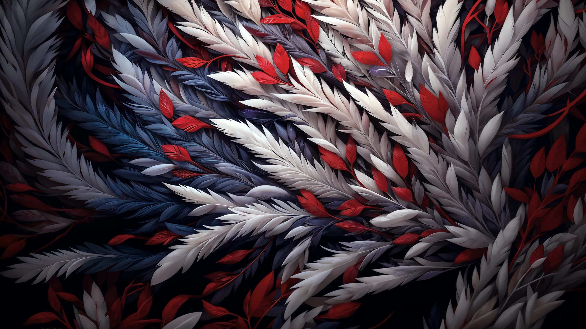 Delicate feathers in rich red, white, and deep violet tones flow in an intricate dance. This anime-inspired artwork features layered textures and tangled for…
