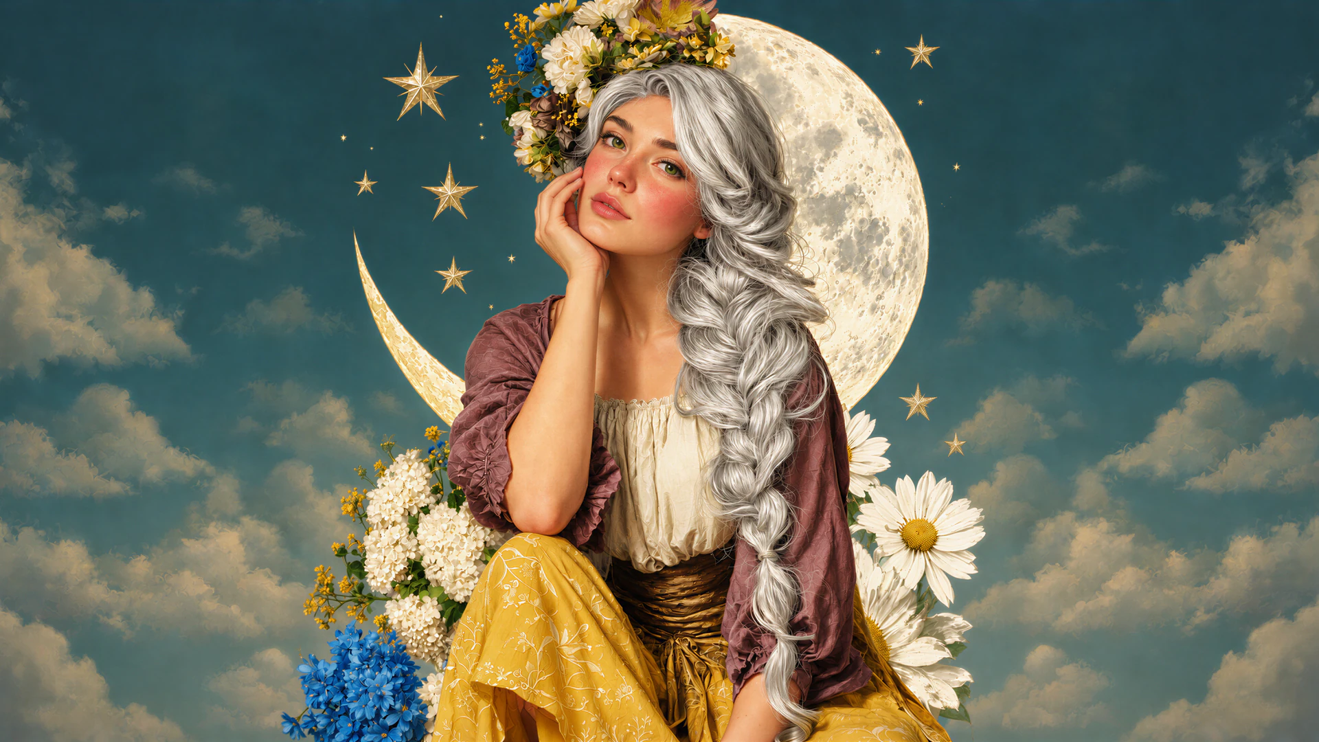 A celestial goddess rests beneath a glowing full moon, framed by wildflowers, silver curls, and a dreamy twilight sky. A romantic fantasy wallpaper with time…