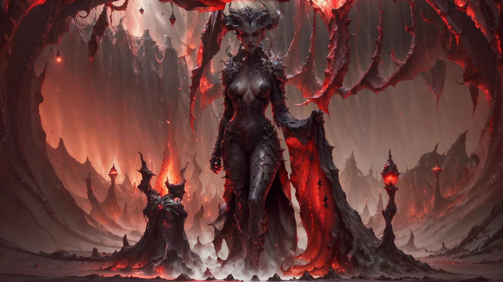 A horned demoness strides through a hellish landscape of jagged spires and crimson fog, radiating dark power in this gothic fantasy wallpaper.