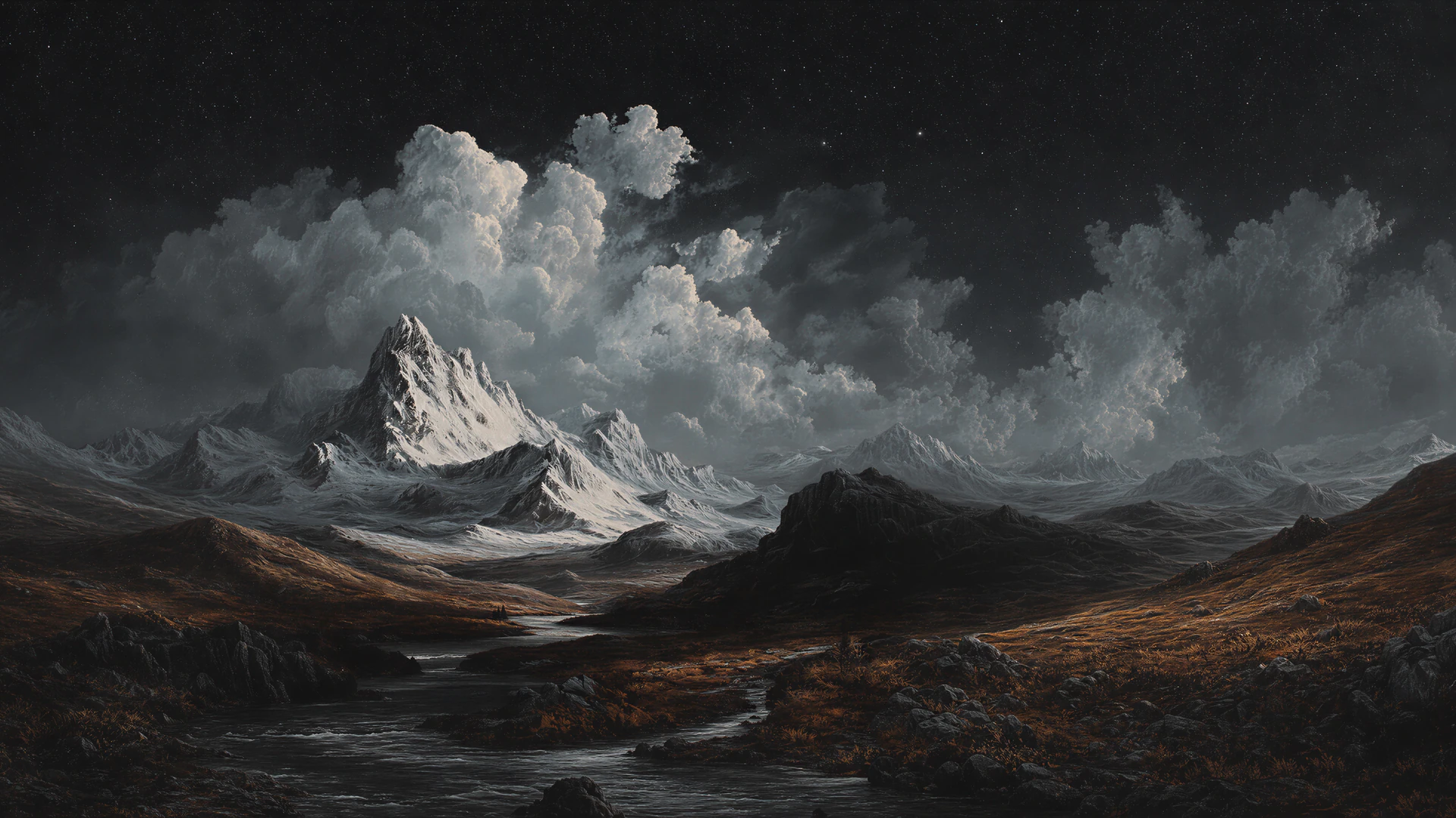 A snow-capped mountain rises beneath towering storm clouds in a rugged alpine wilderness. Dark rivers and ember-brown valleys create a dramatic, cinematic la…