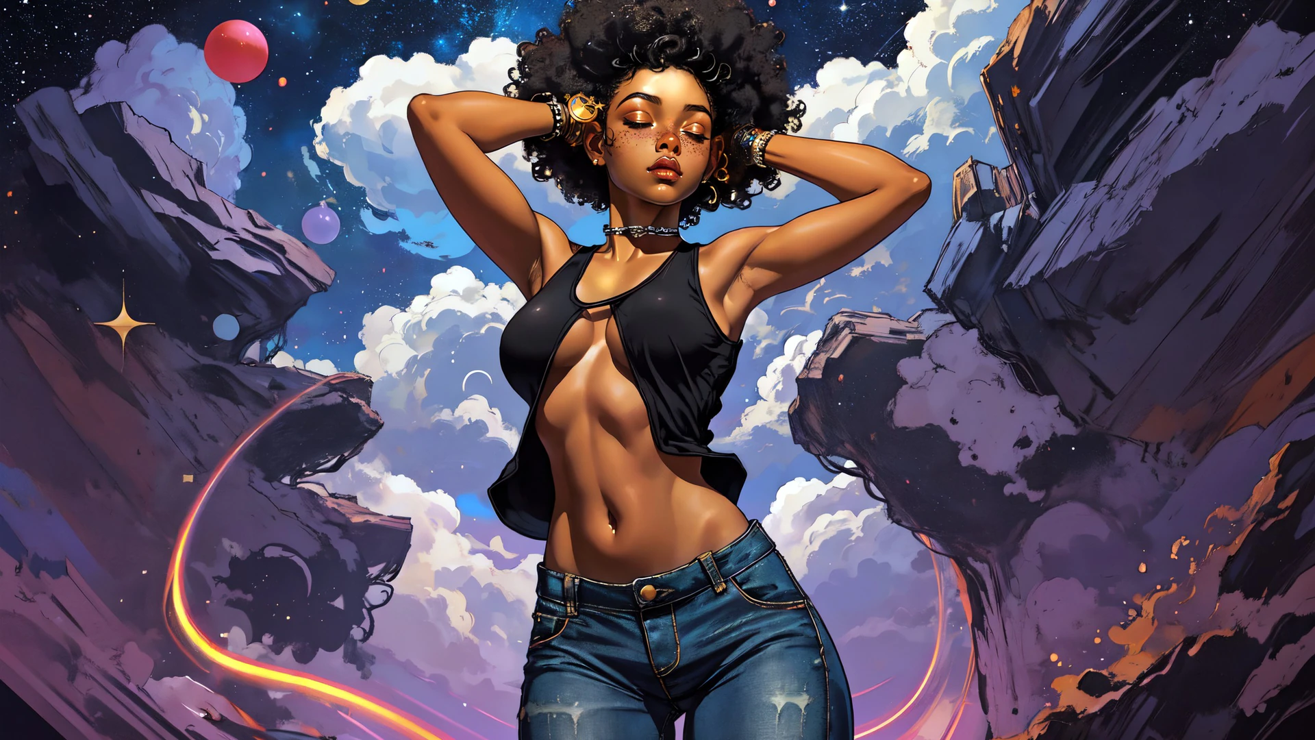 A stylish afro-haired dancer lost in the rhythm, surrounded by floating islands, starry skies, and dreamy pastel clouds. Perfect fantasy art wallpaper.