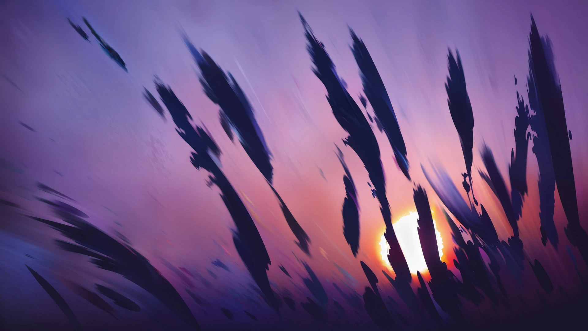 Tall grass silhouettes sway against a glowing purple and orange sunset in this dreamy abstract painted landscape wallpaper.