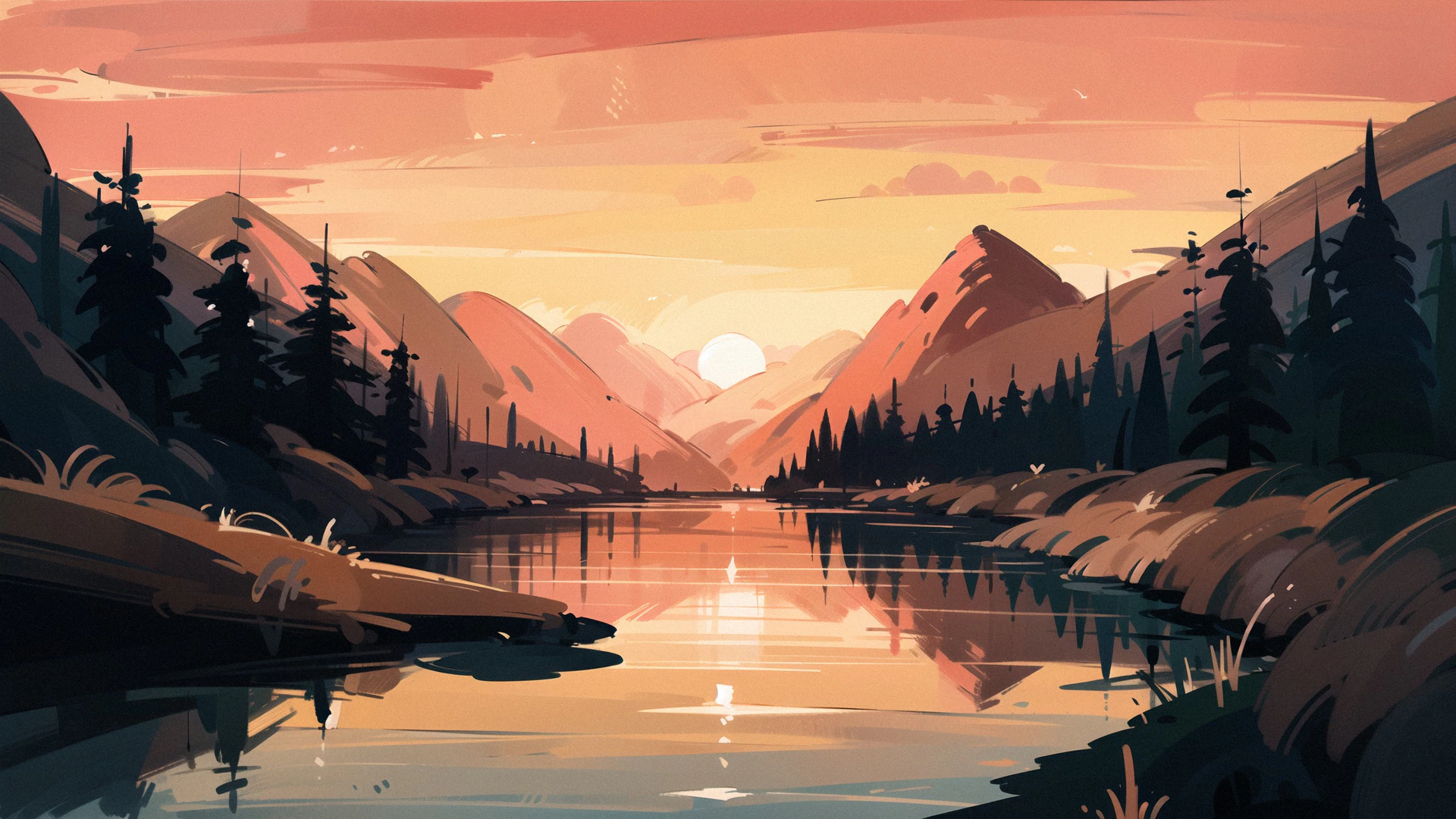 A pastel sketch of sunrise breaking through mountain peaks, painting a still lake in warm amber and rose hues. Perfect calming wallpaper for nature lovers.