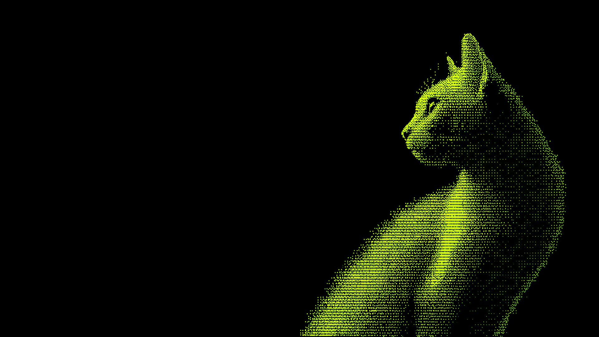 A sleek cat silhouette emerges in vivid neon-green pixel halftone. Its retro arcade glow creates a striking monochrome wallpaper against deep black.