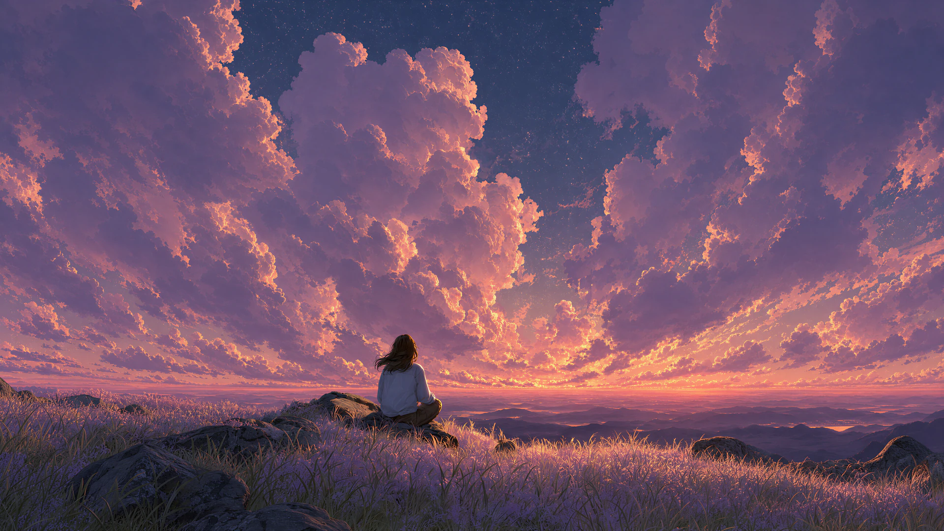 A solitary girl rests in a purple meadow beneath towering cotton-candy clouds, glowing with the last golden light of a cinematic sunset.