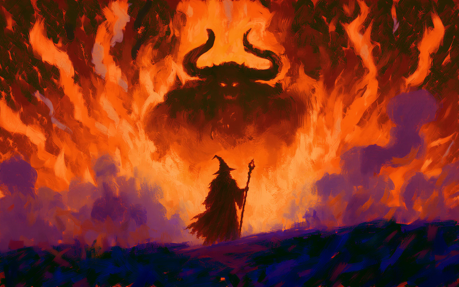 A lone, cloaked hero stands before a colossal fiery visage, framed by roaring flames and a storm-dark horizon. A dramatic fantasy scene of courage and doom.