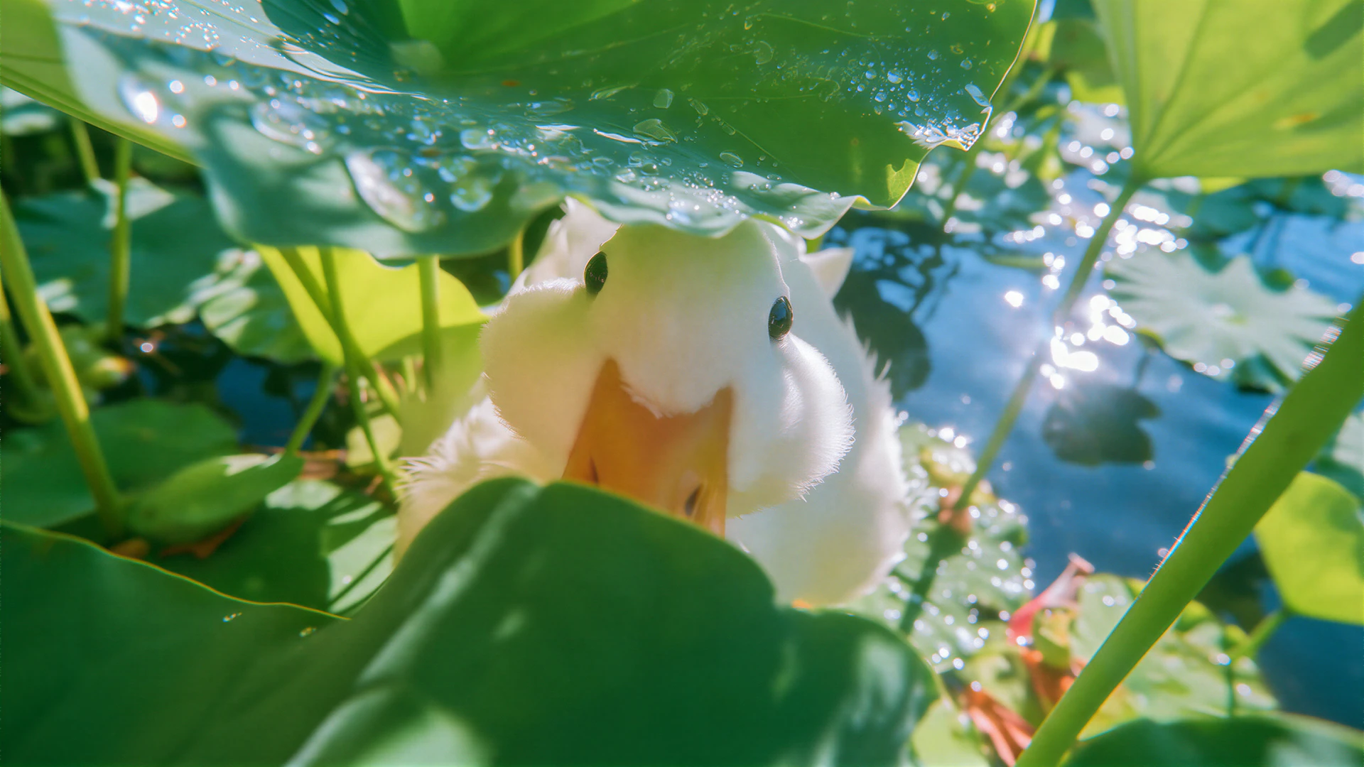 An adorably curious white duck peeks through dew-covered lotus leaves. Sunlit bokeh, lush greens, and a warm film texture create a playful pondside portrait.