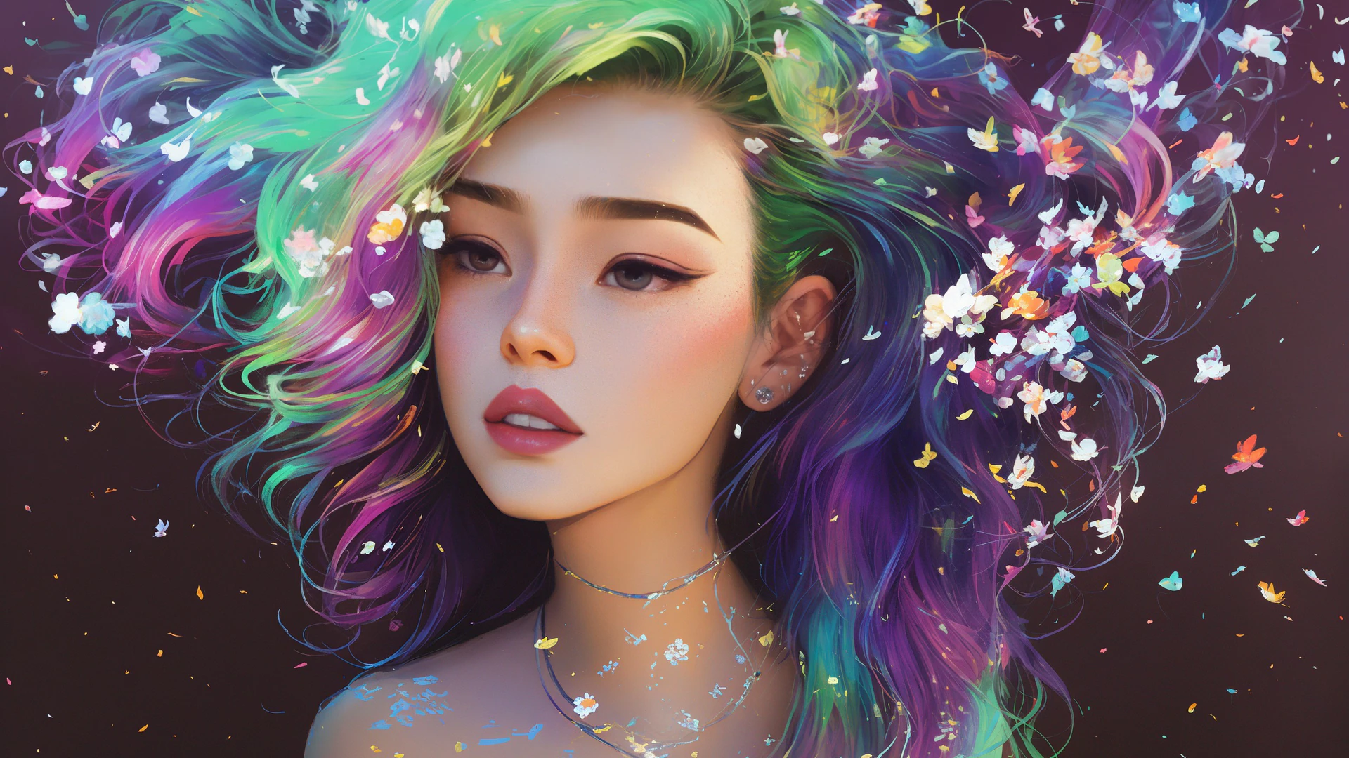 A dreamy portrait of a woman with rainbow hair swept through the air. Vibrant paint splashes and delicate blossoms glow against a deep cosmic backdrop.